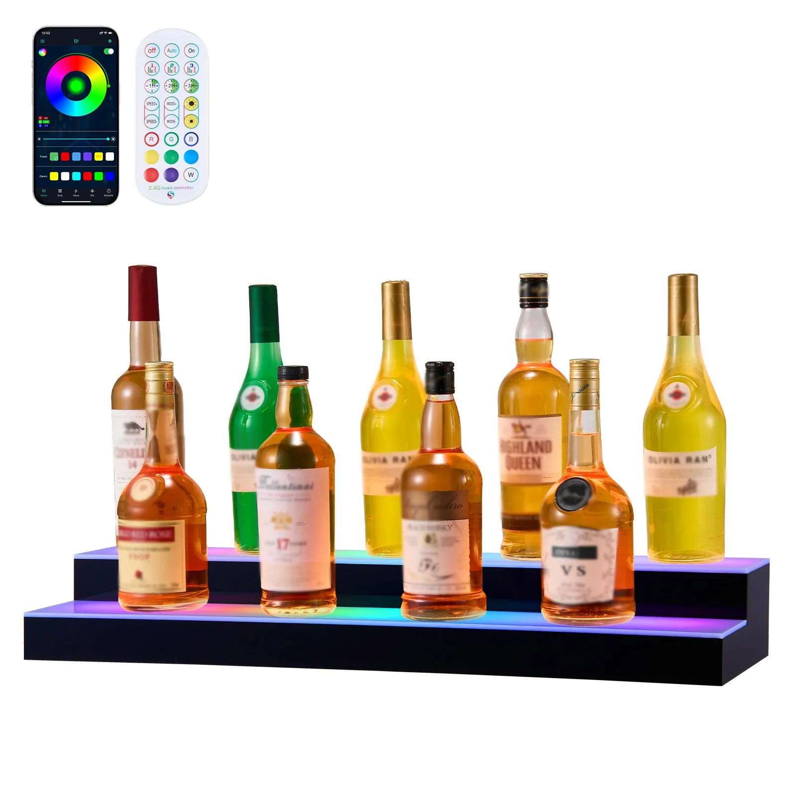 LED Lighted Liquor Bottle Display, 2 Tiers 30 inches, Supports USB, Acrylic Illuminated Home Bar Shelf Display with RF Remote & App Control, 9 Static Colors, Timing Mode, for 14-20 Bottles