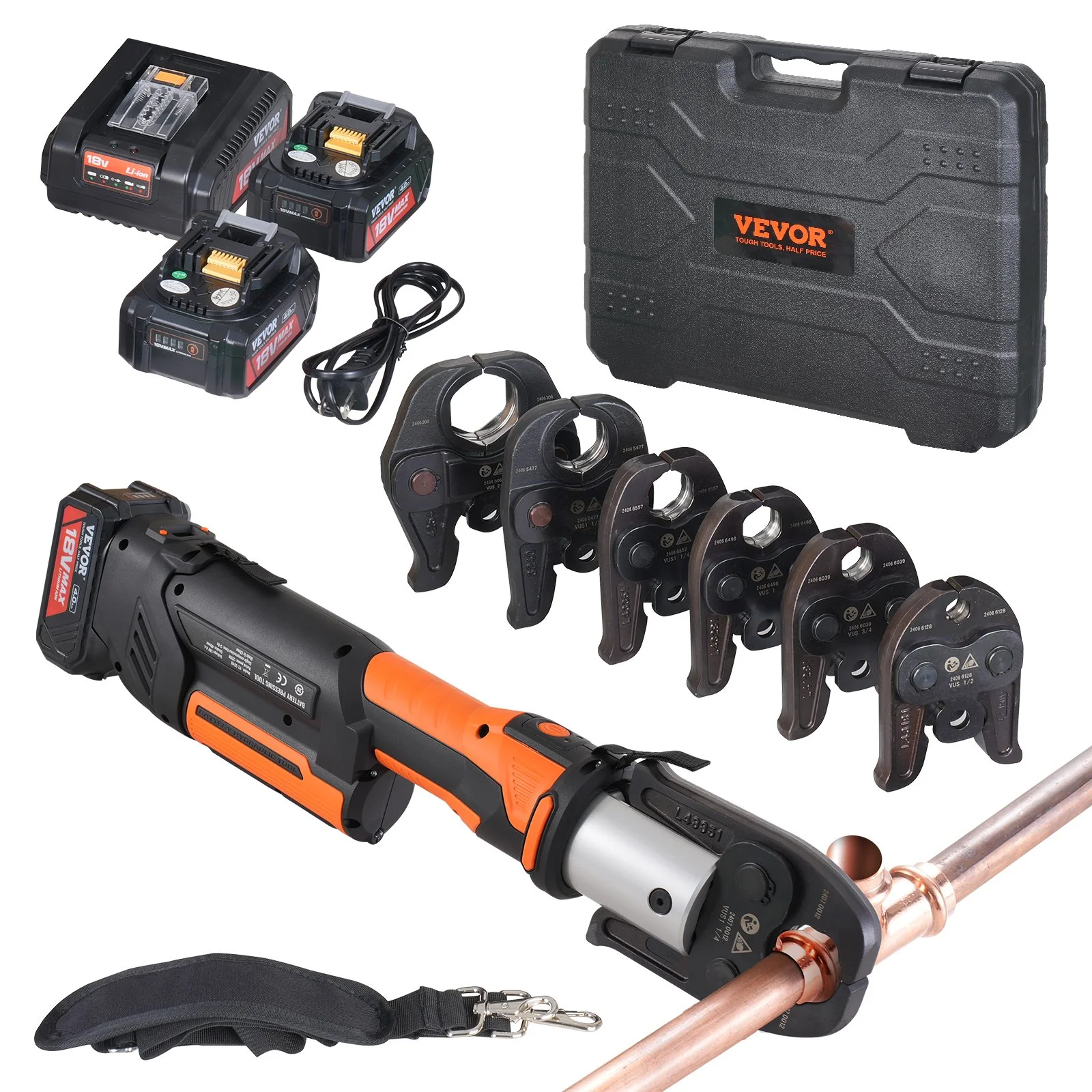 ProPress Tool, 18V Electric Pipe Crimping Tool for 1/2", 3/4", 1", 1 1/4", 1 1/2", 2" Copper Pipes, Press Tool Kit with Brushless Motor, 6 Pro Press Jaws, 2pcs 4AH Battery