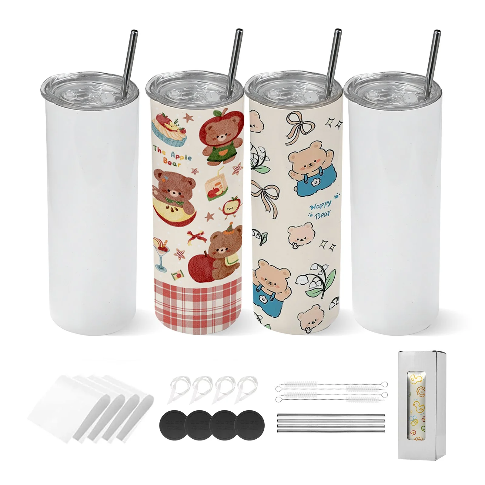 Sublimation Tumblers, 4 Pack, 20 oz Skinny Straight Tumblers Bulk, Stainless Steel Sublimation Cups with Lids and Straws, Double Wall Insulated Tumbler Blank, for DIY Personalized Customization