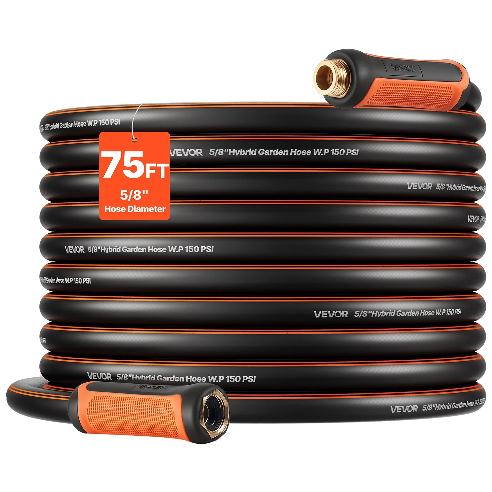 Garden Hose, 75 ft 5/8" Heavy Duty 4-Layer Rubber Water Hose, 150PSI Working & 600PSI Burst, Flexible & Non-kink Outdoor Waterhose with 3/4" Fitting, Lightweight Hoses for Gardening Cleaning