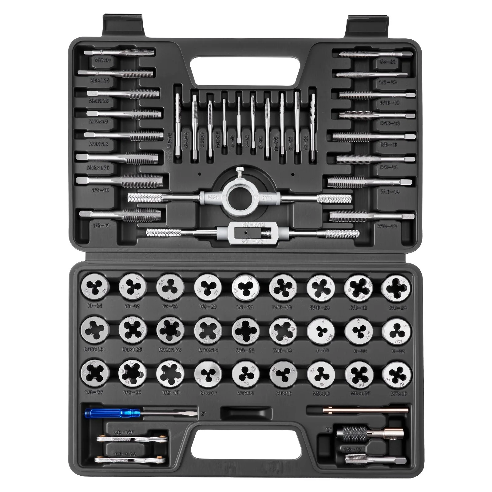 Tap and Die Set, 60-Piece Metric and SAE Sizes M3 to M12, #4 to 1/2", with Coarse and Fine Thread Taps and Dies, Wrench, Carrying Case and Complete Accessories, for Threading and Rethreading