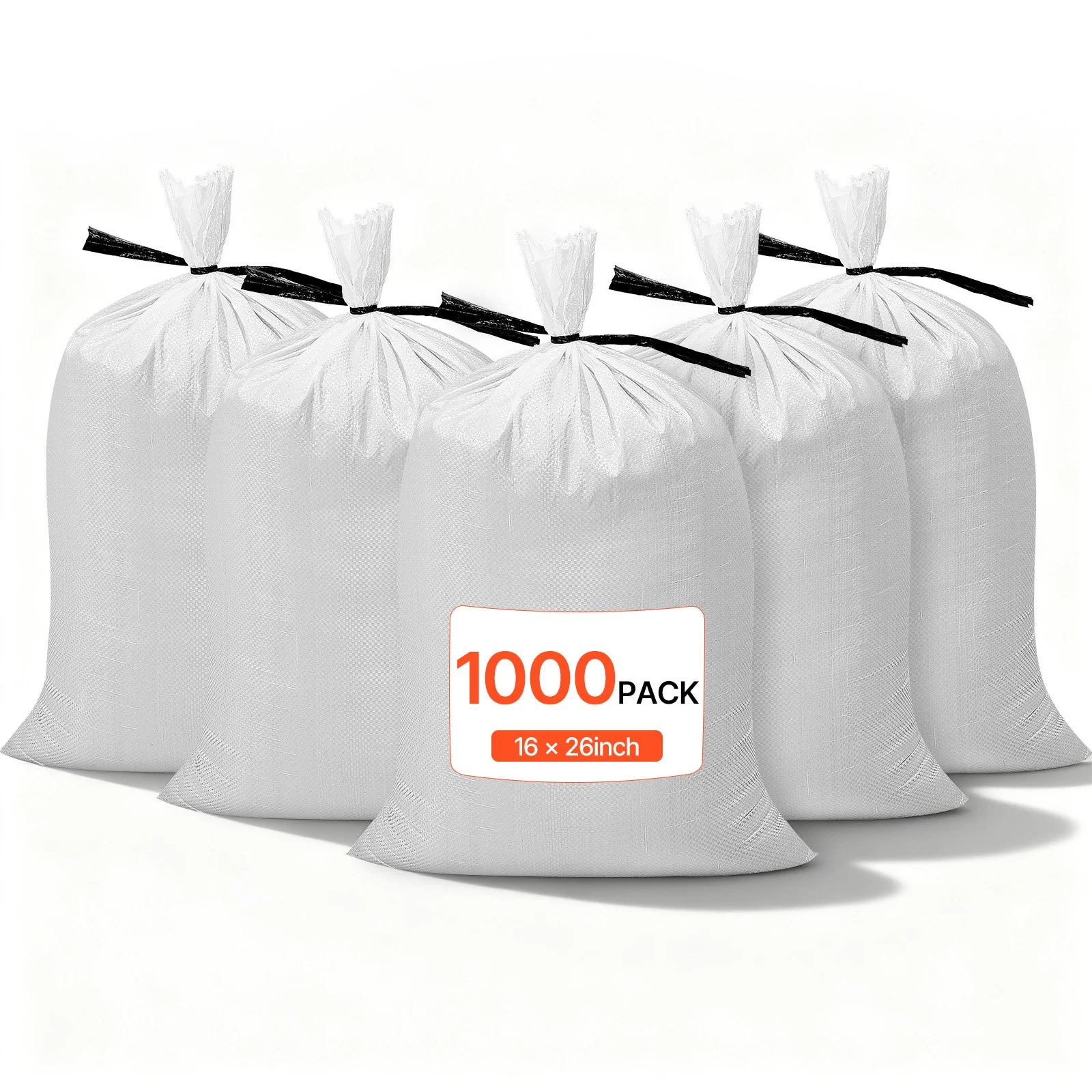 Empty Sandbags, 1000 Packs 16 x 26 in, Heavy Duty Sand Bags Sacks with Ties, 50lb Capacity Woven Polypropylene Sandbags, Tear-Resistant & UV-Resistant Sand Bags for Flood Protection Barrier