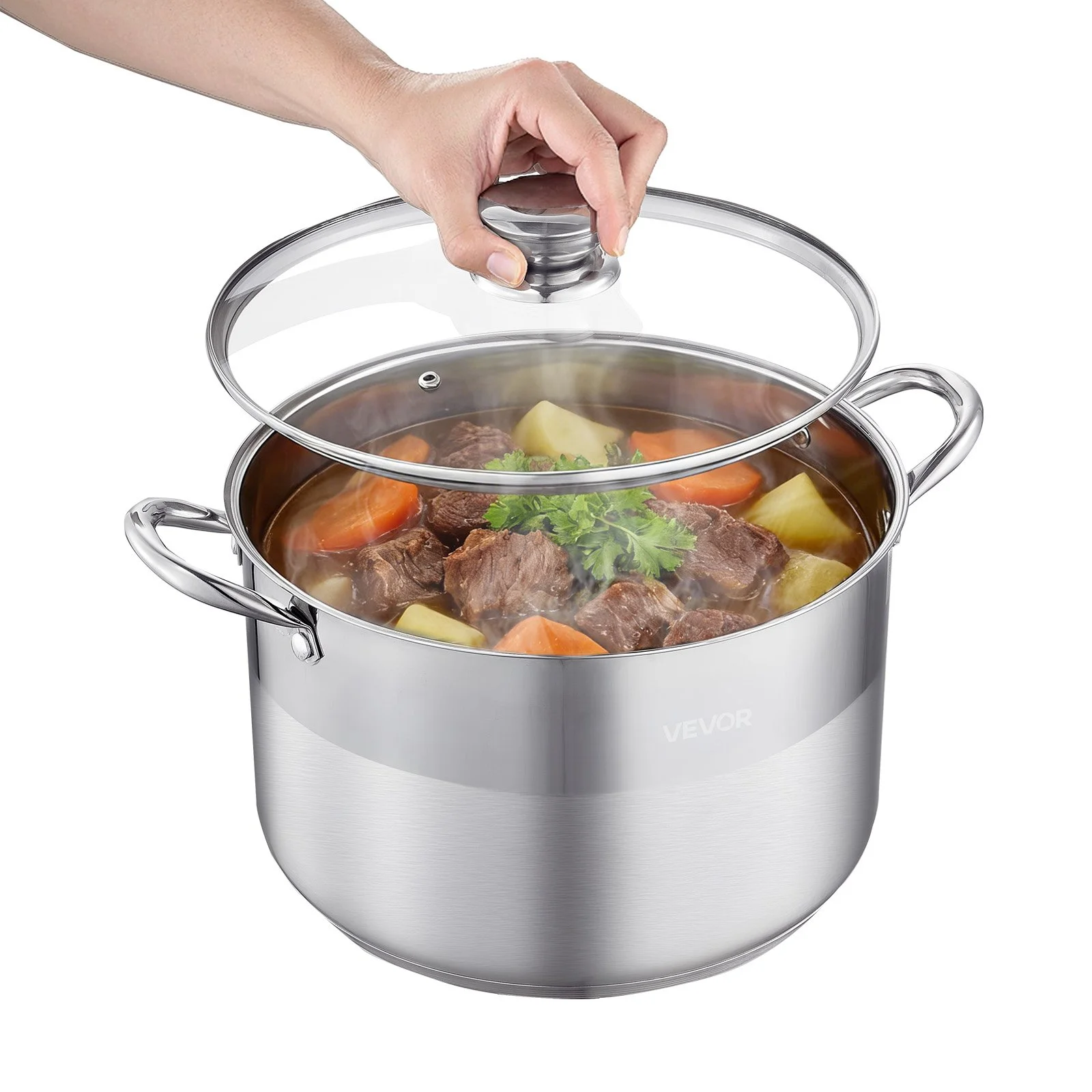 Stainless Steel Stock Pot, 12-Quart Stainless Steel Stockpot with Glass Lid, PFOA-Free, PFAS-Free, Compatible with Gas Stoves, Induction Cooktops, Electric Stoves, for Soups, Stews, and Pasta