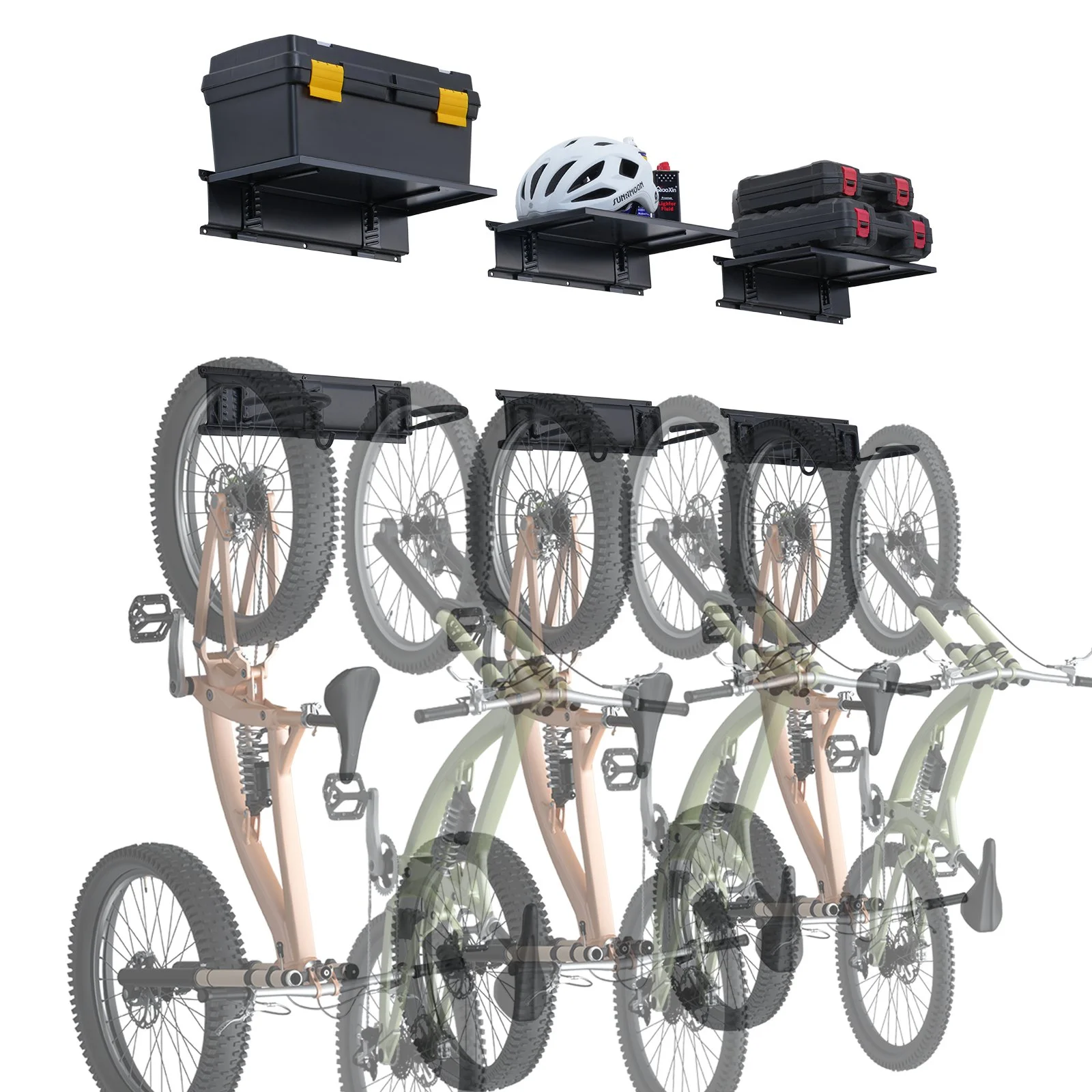 Bike Storage Rack, 6 Bike Racks and 3 Helmets Hooks, Wall Mount Bike Storage Hanger with 3 Shelves, Home & Garage Organizer, Customizable for Various Bike Sizes, Holds Up to 300 lbs, 48-inch