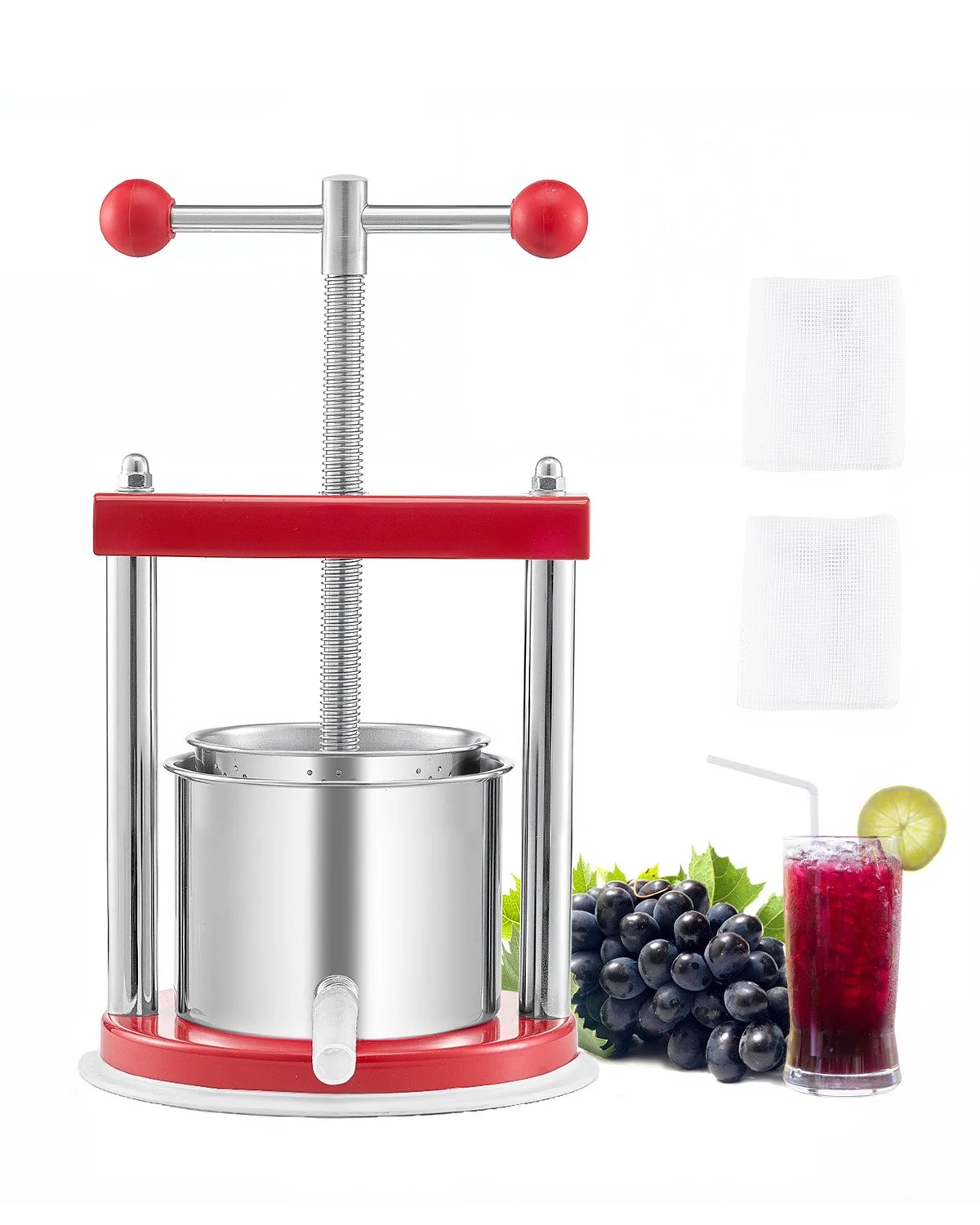 0.44 Gal/1.65L Fruit Wine Press, 2 Stainless Steel Barrels, Manual Juice Maker, Cider Apple Grape Tincture Honey Olive Oil Making Press with T-Handle for Outdoor Kitchen Home