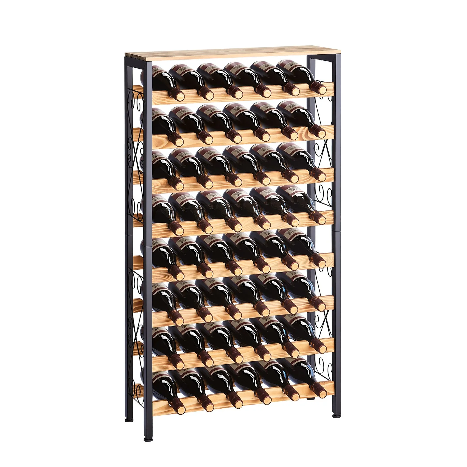 48 Bottle Wine Rack,8-Tier Wine Bottle Holder,Freestanding Floor Display Wine Storage Shelves with Wood Table Top,For Kitchen Pantry, Cellar, Bar, Dining Room, Living Room, Black