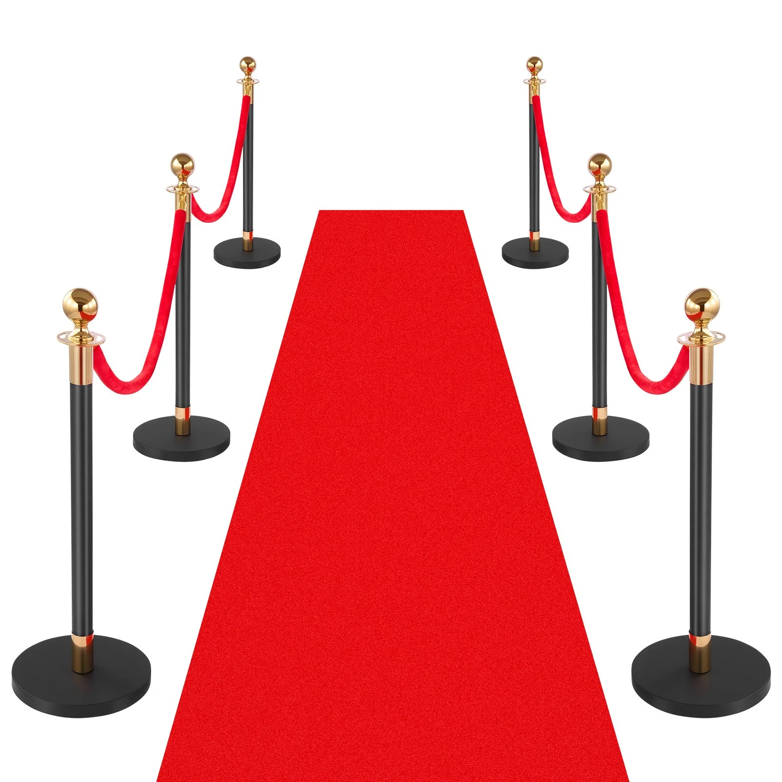 Stanchion Post, 6 Pcs Crowd Control Barrier Set with Red Carpet, 4 Red Velvet Ropes, Stainless Steel Gold Stanchion Post Queue with Hollow Base for Theater, Party, Wedding, Exhibition (Black)
