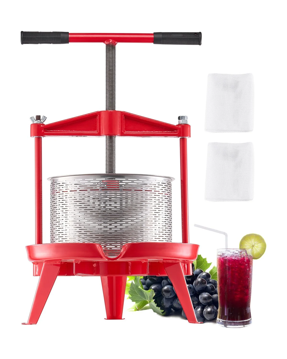 2.38 Gal/9L Fruit Wine Press, Stainless Steel Basket with Cross-beam and Triangular Structure, Manual Juice Maker, Cider Apple Grape Tincture Making Press with T-Handle for Kitchen Home
