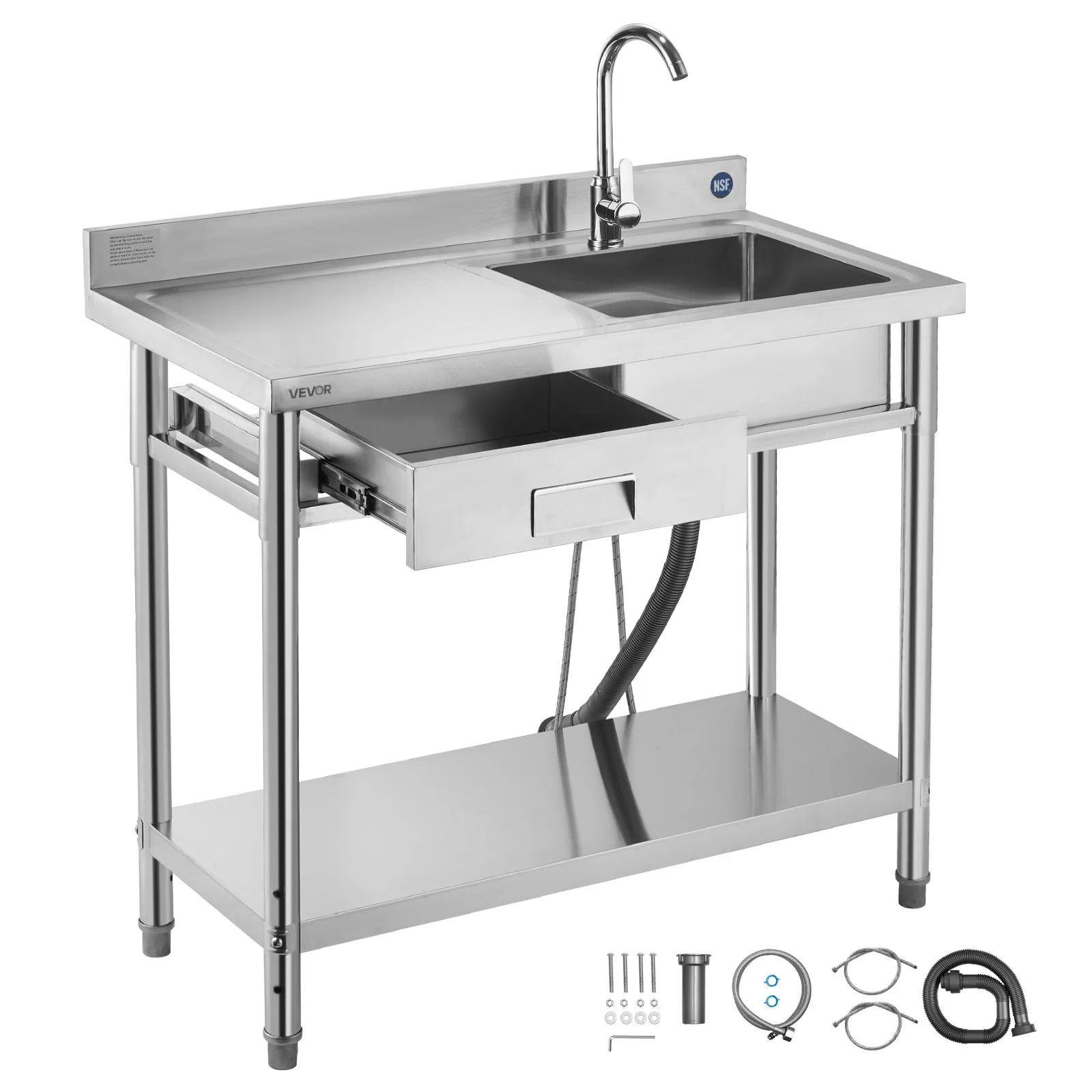Stainless Steel Utility Sink, Free Standing Single Bowl Commercial Kitchen Sink with Drawer, Faucet and Hot & Cold Water Pipe, Utility Basin for Garage Restaurant Laundry, 39.4 x 19.7 x 37 in