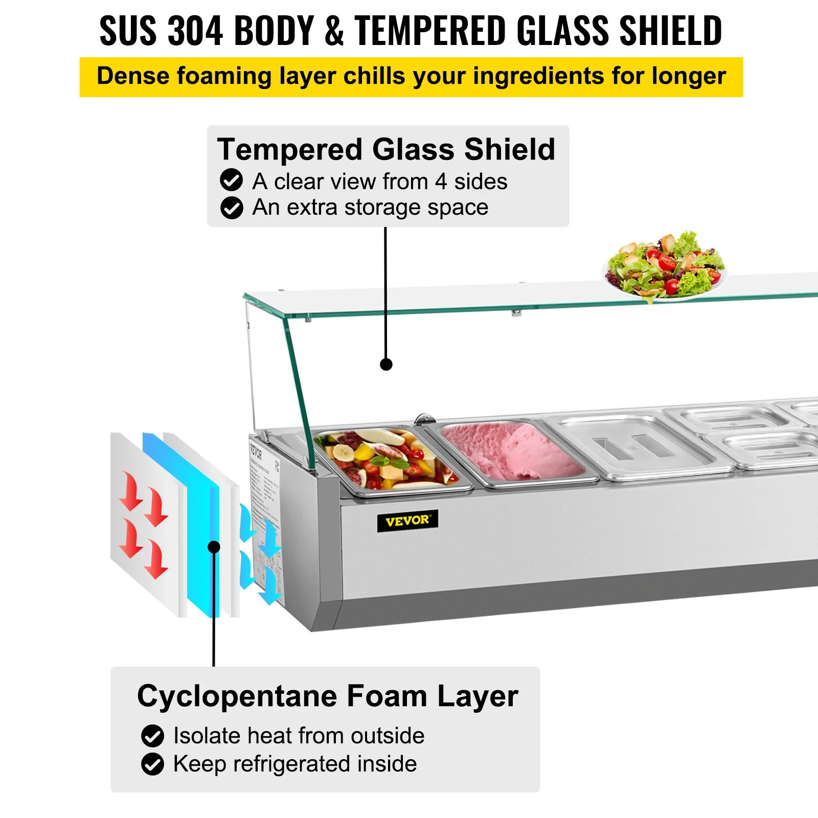 Refrigerated Condiment Prep Station, 55-Inch, 13.8Qt Sandwich Prep Table with 3 1/3 Pans & 4 1/6 Pans, 150W Salad Bar with 304 Stainless Body Tempered Glass Shield Digital Temp Display Auto Defr - Image 5