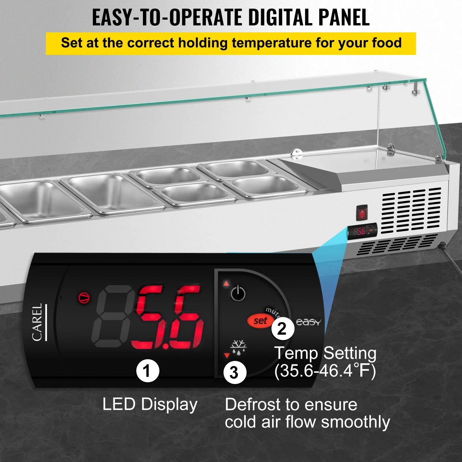 Refrigerated Condiment Prep Station, 55-Inch, 13.8Qt Sandwich Prep Table with 3 1/3 Pans & 4 1/6 Pans, 150W Salad Bar with 304 Stainless Body Tempered Glass Shield Digital Temp Display Auto Defr - Image 3