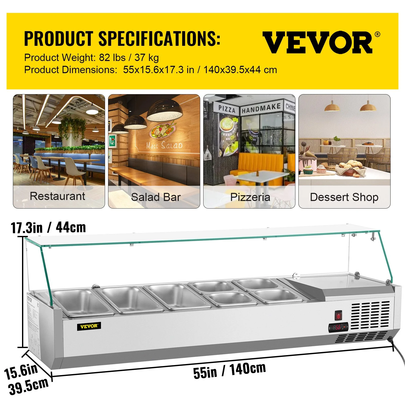 Refrigerated Condiment Prep Station, 55-Inch, 13.8Qt Sandwich Prep Table with 3 1/3 Pans & 4 1/6 Pans, 150W Salad Bar with 304 Stainless Body Tempered Glass Shield Digital Temp Display Auto Defr - Image 6
