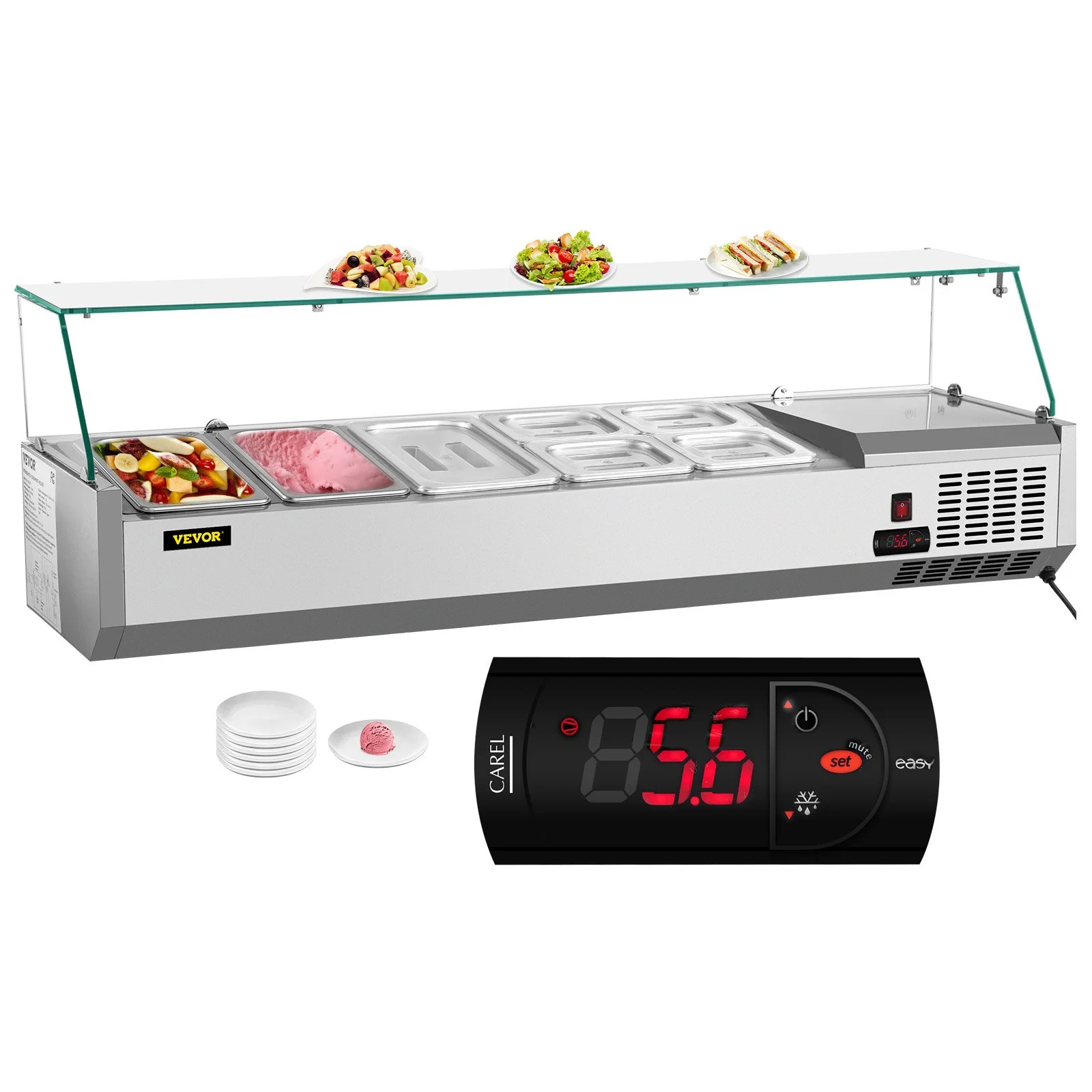 Refrigerated Condiment Prep Station, 55-Inch, 13.8Qt Sandwich Prep Table with 3 1/3 Pans & 4 1/6 Pans, 150W Salad Bar with 304 Stainless Body Tempered Glass Shield Digital Temp Display Auto Defr