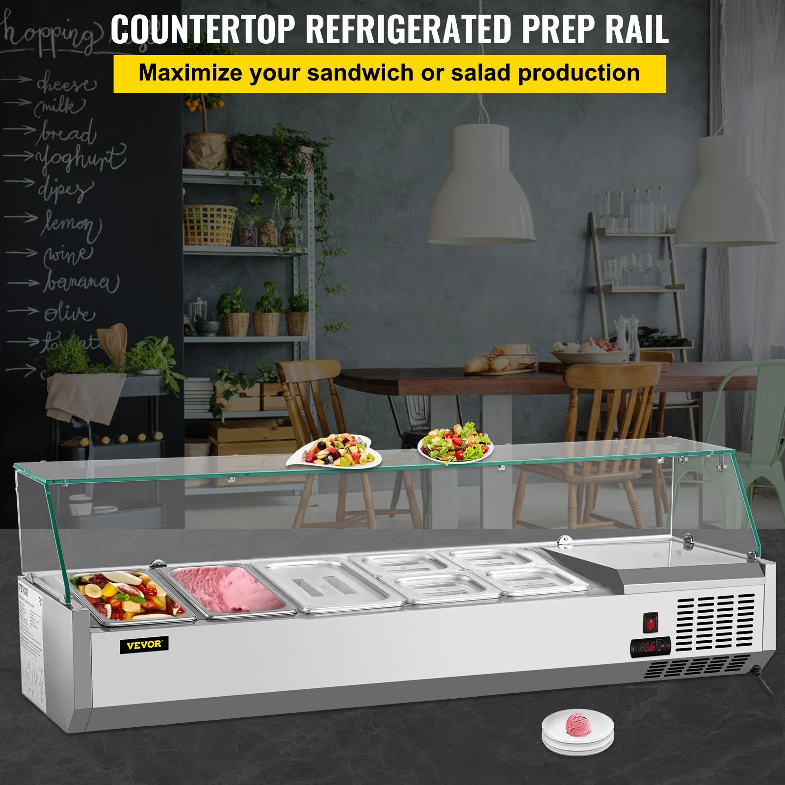 Refrigerated Condiment Prep Station, 55-Inch, 13.8Qt Sandwich Prep Table with 3 1/3 Pans & 4 1/6 Pans, 150W Salad Bar with 304 Stainless Body Tempered Glass Shield Digital Temp Display Auto Defr - Image 12