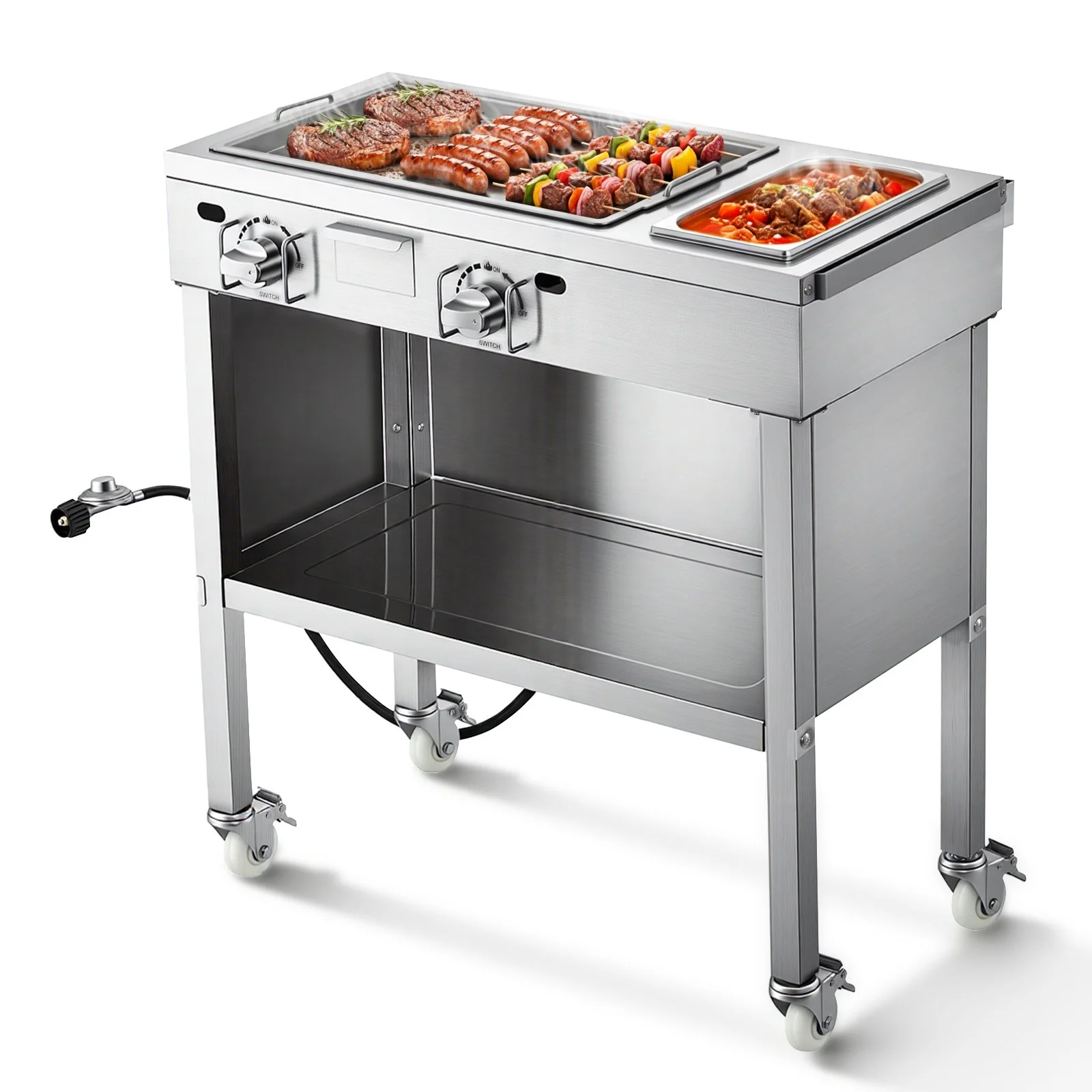 Outdoor Propane Griddle, 2 Burners (11,600 BTU Each), Commercial Stainless Steel Gas Griddle Cart with 4 Lockable Wheels, 1/3 Food Pan, Easy-Grip Side Handle, Ideal for Hot Dogs, Burgers & Meats