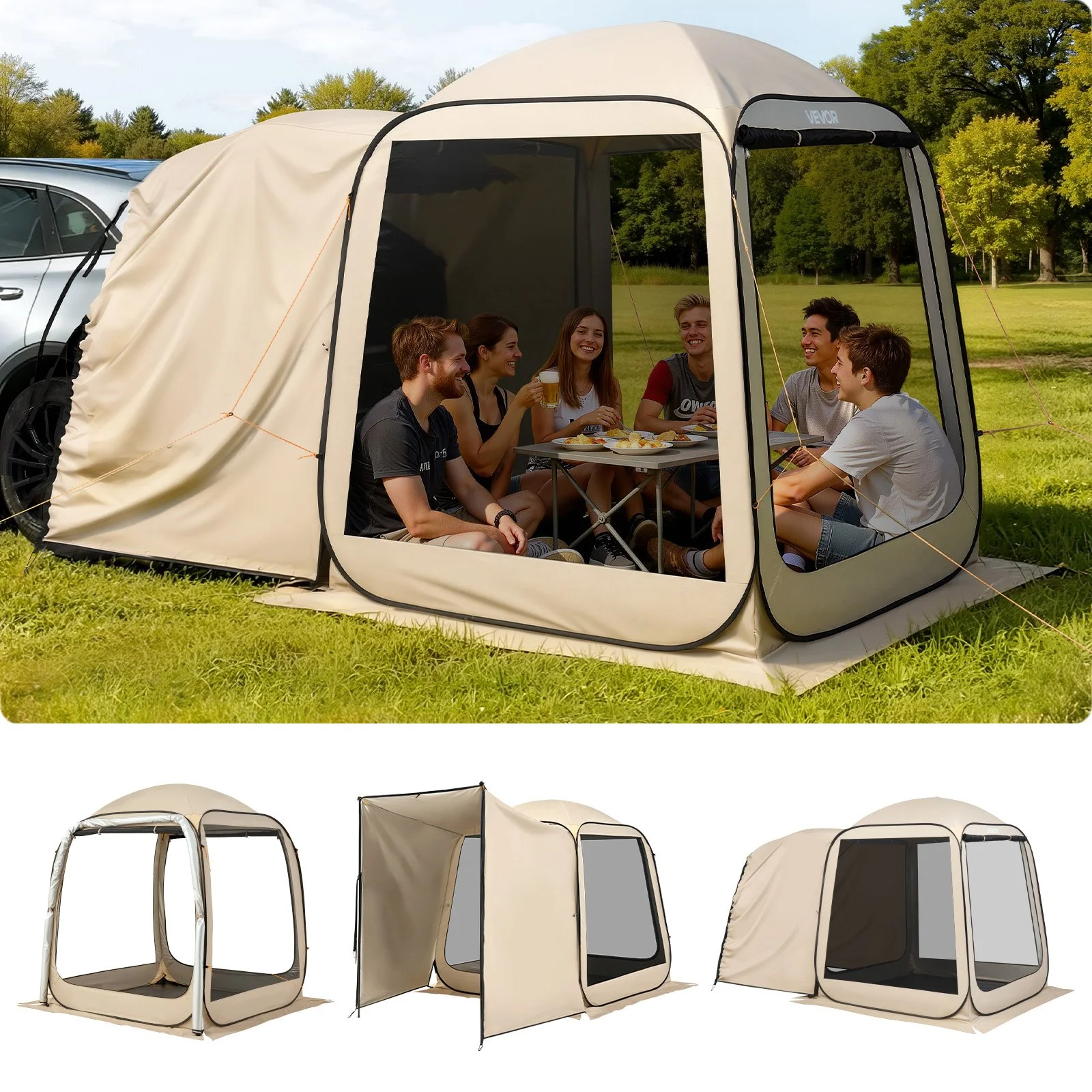 Screen House Tent, 6 x 6 ft, 4-6 Person Pop Up SUV Tailgate Tent, Portable Screened in Canopy with Carry Bag, Netting Sides, for Car Camping, Garden, Patio, Backyard, Outdoor Activities, Beige