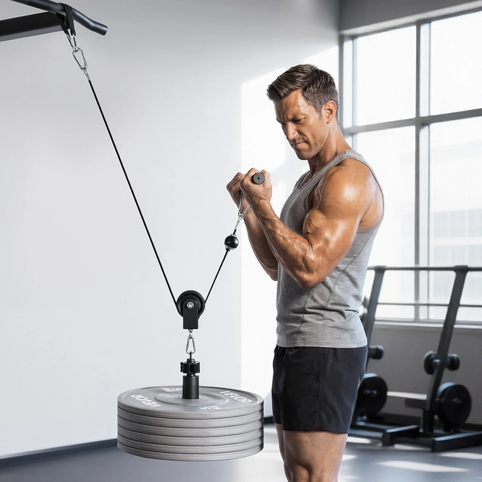 Pulley System, 1 PC LAT and Lift Pulley System, Gym Rack Pulleys Attachment with two Steel Cables, Short Bar, Dual Grip Handles, Cable Machine for Bicep, Shoulder, Back, Up to 280 lbs Capacity - Image 10