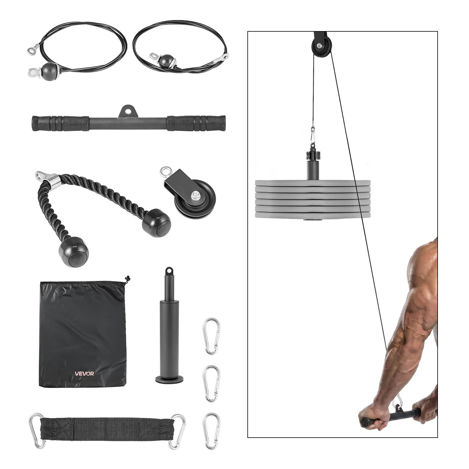 Pulley System, 1 PC LAT and Lift Pulley System, Gym Rack Pulleys Attachment with two Steel Cables, Short Bar, Dual Grip Handles, Cable Machine for Bicep, Shoulder, Back, Up to 280 lbs Capacity