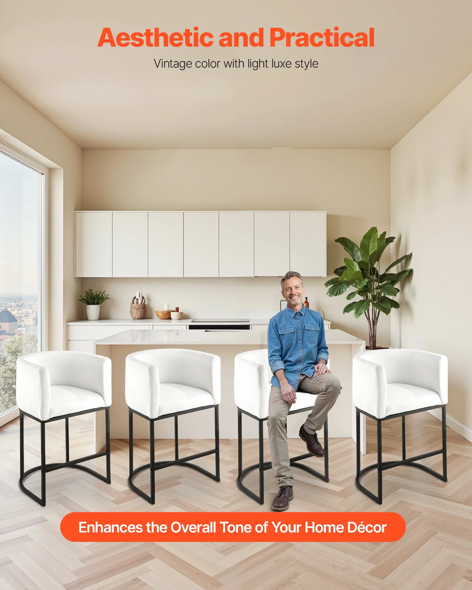 Bar Stool Set of 3, 25 inch Counter Height Stools, Counter Barstool with Backrest, Arm, Metal Frame, and Footrest, Accent Fabric Bar Chair, Island Barstools for Kitchen, Dining Room, White - Image 8