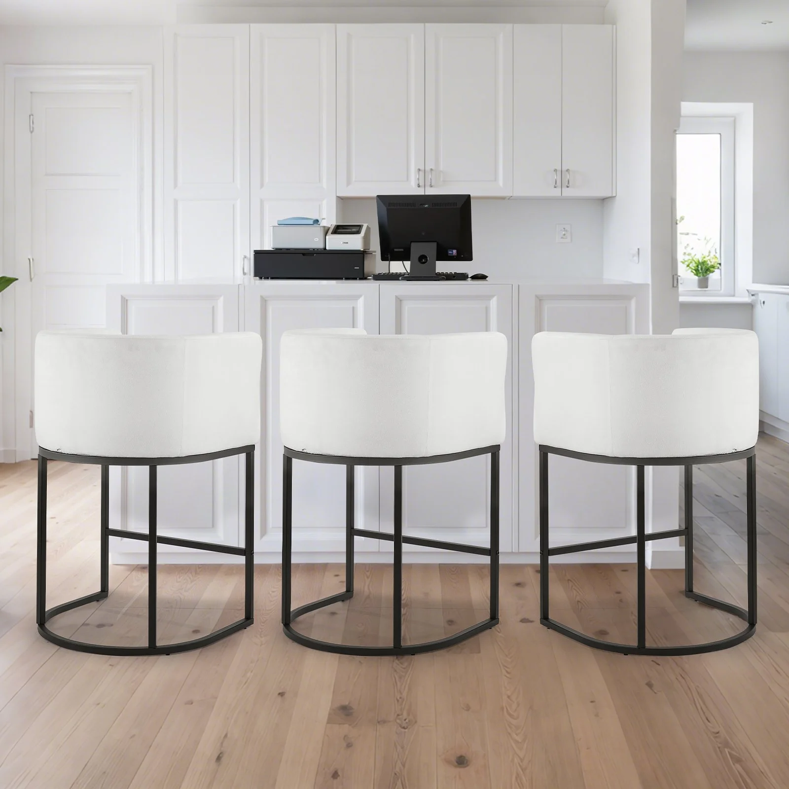 Bar Stool Set of 3, 25 inch Counter Height Stools, Counter Barstool with Backrest, Arm, Metal Frame, and Footrest, Accent Fabric Bar Chair, Island Barstools for Kitchen, Dining Room, White - Image 10