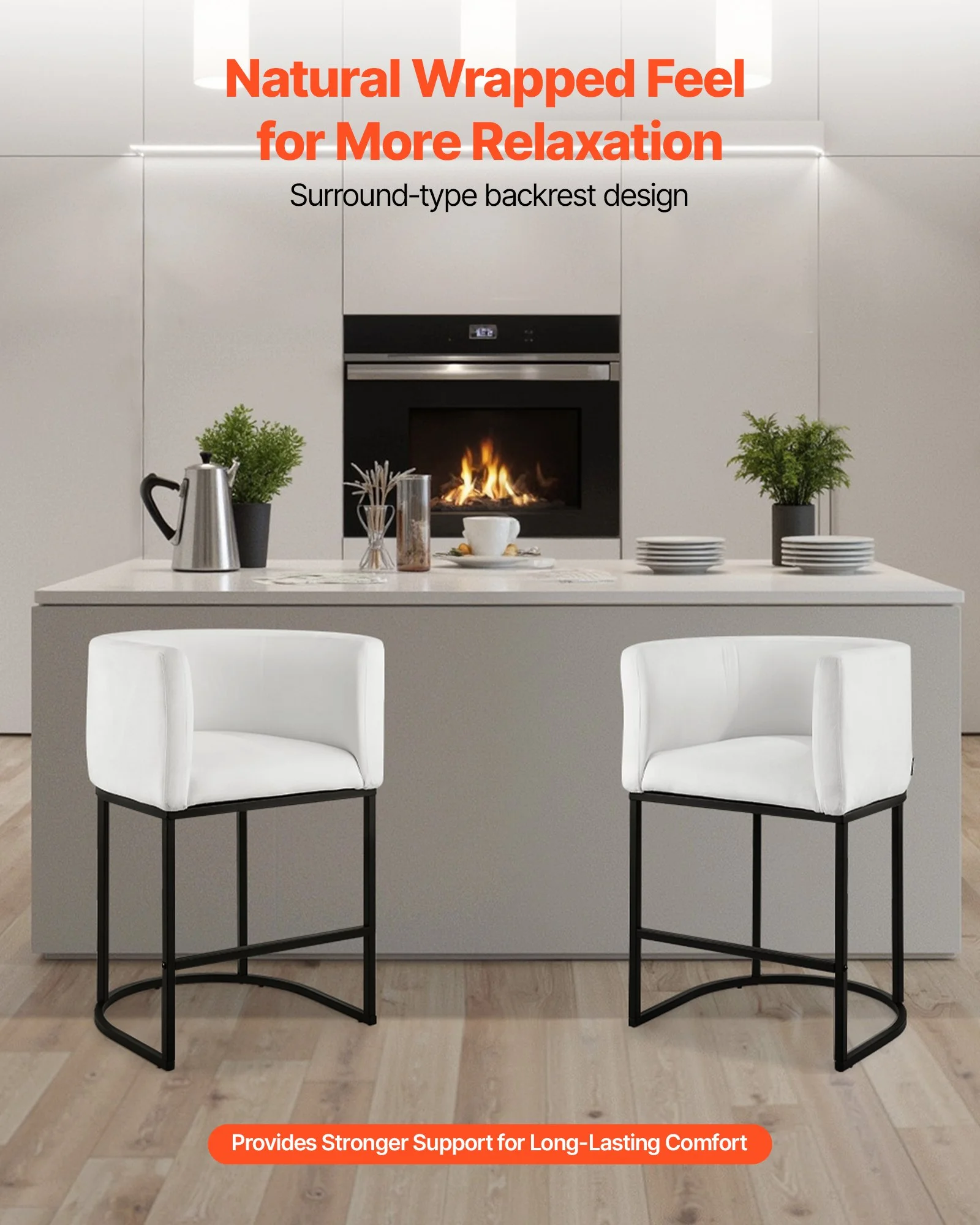 Bar Stool Set of 3, 25 inch Counter Height Stools, Counter Barstool with Backrest, Arm, Metal Frame, and Footrest, Accent Fabric Bar Chair, Island Barstools for Kitchen, Dining Room, White - Image 3