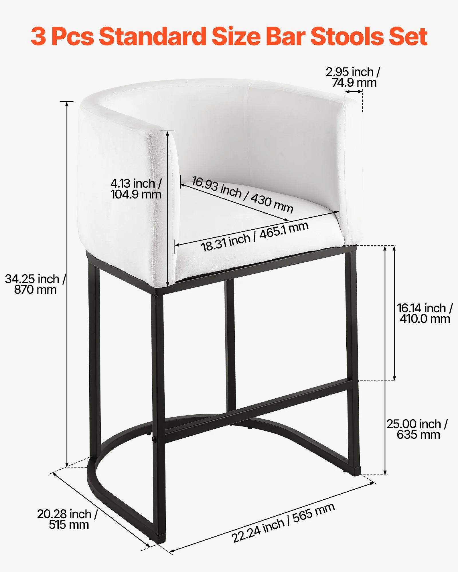 Bar Stool Set of 3, 25 inch Counter Height Stools, Counter Barstool with Backrest, Arm, Metal Frame, and Footrest, Accent Fabric Bar Chair, Island Barstools for Kitchen, Dining Room, White - Image 5