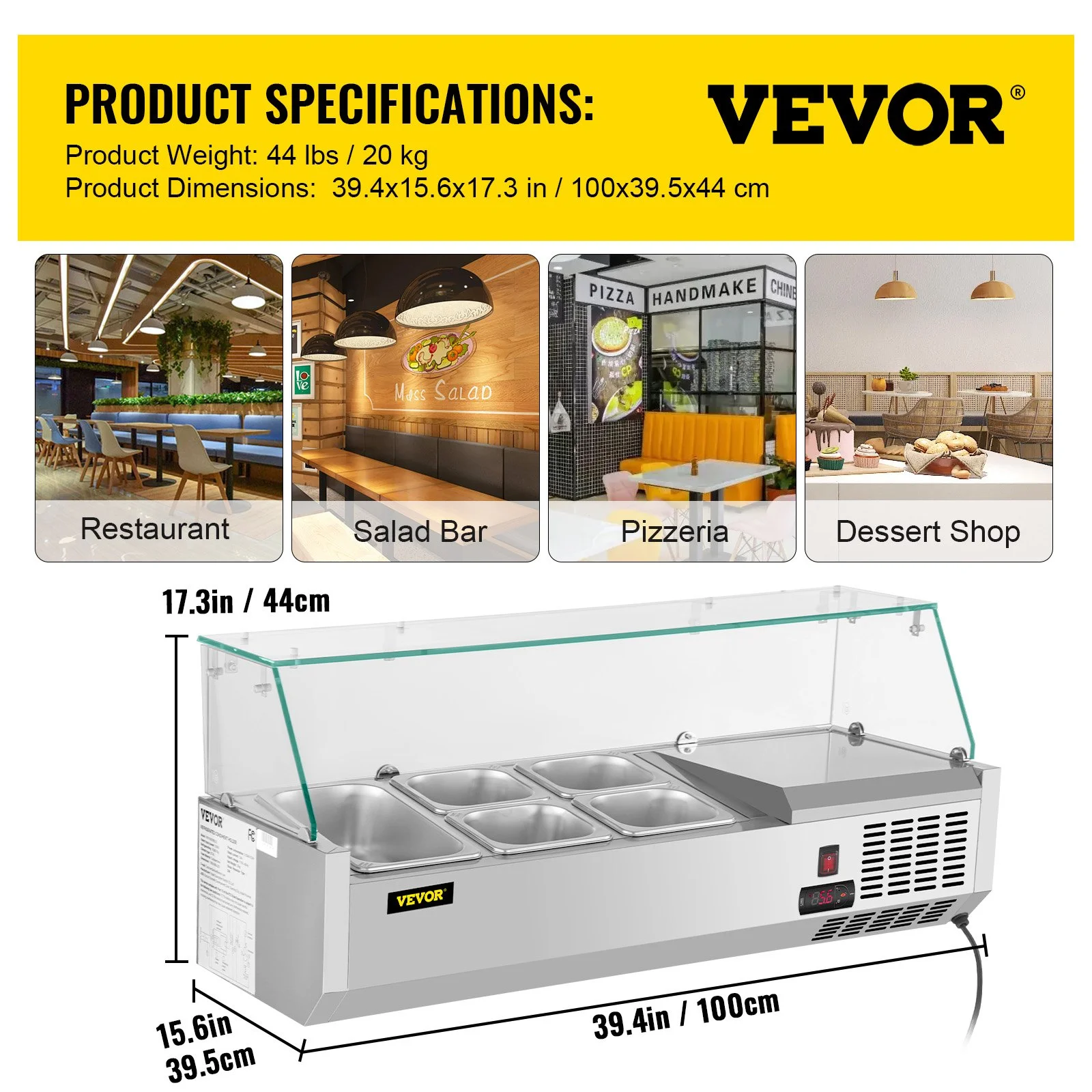 Refrigerated Condiment Prep Station, 40-Inch, 7.8Qt Sandwich Prep Table with 1 1/3 Pan & 4 1/6 Pans, 150W Salad Bar with 304 Stainless Body Tempered Glass Shield Digital Temp Display Auto Defros - Image 4