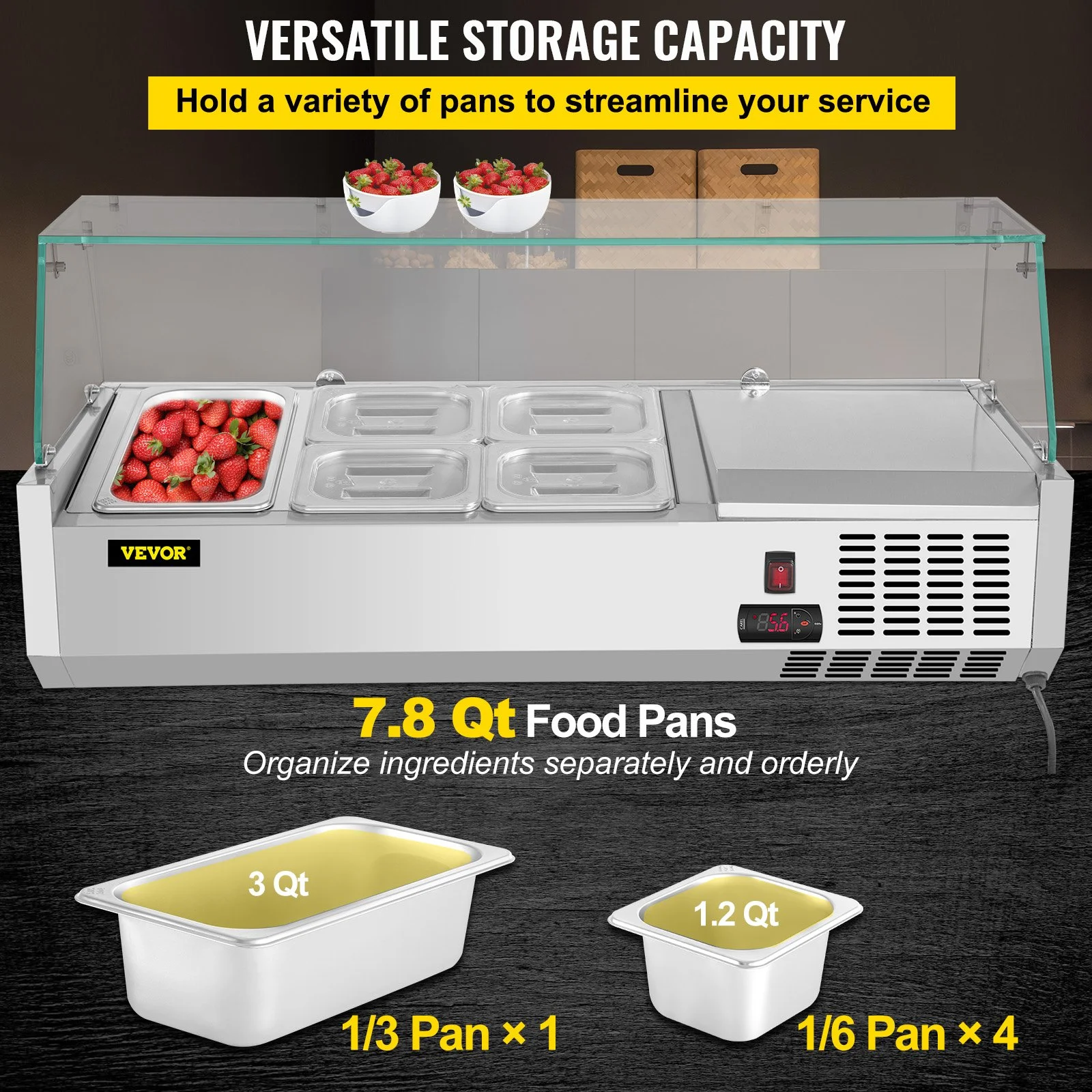 Refrigerated Condiment Prep Station, 40-Inch, 7.8Qt Sandwich Prep Table with 1 1/3 Pan & 4 1/6 Pans, 150W Salad Bar with 304 Stainless Body Tempered Glass Shield Digital Temp Display Auto Defros - Image 8