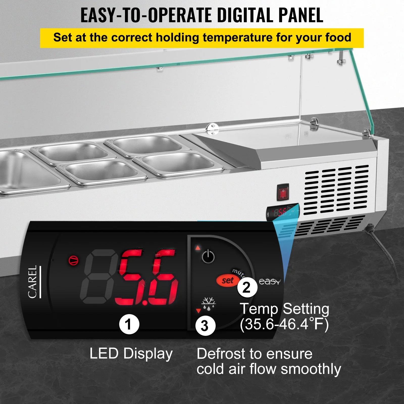 Refrigerated Condiment Prep Station, 40-Inch, 7.8Qt Sandwich Prep Table with 1 1/3 Pan & 4 1/6 Pans, 150W Salad Bar with 304 Stainless Body Tempered Glass Shield Digital Temp Display Auto Defros - Image 9