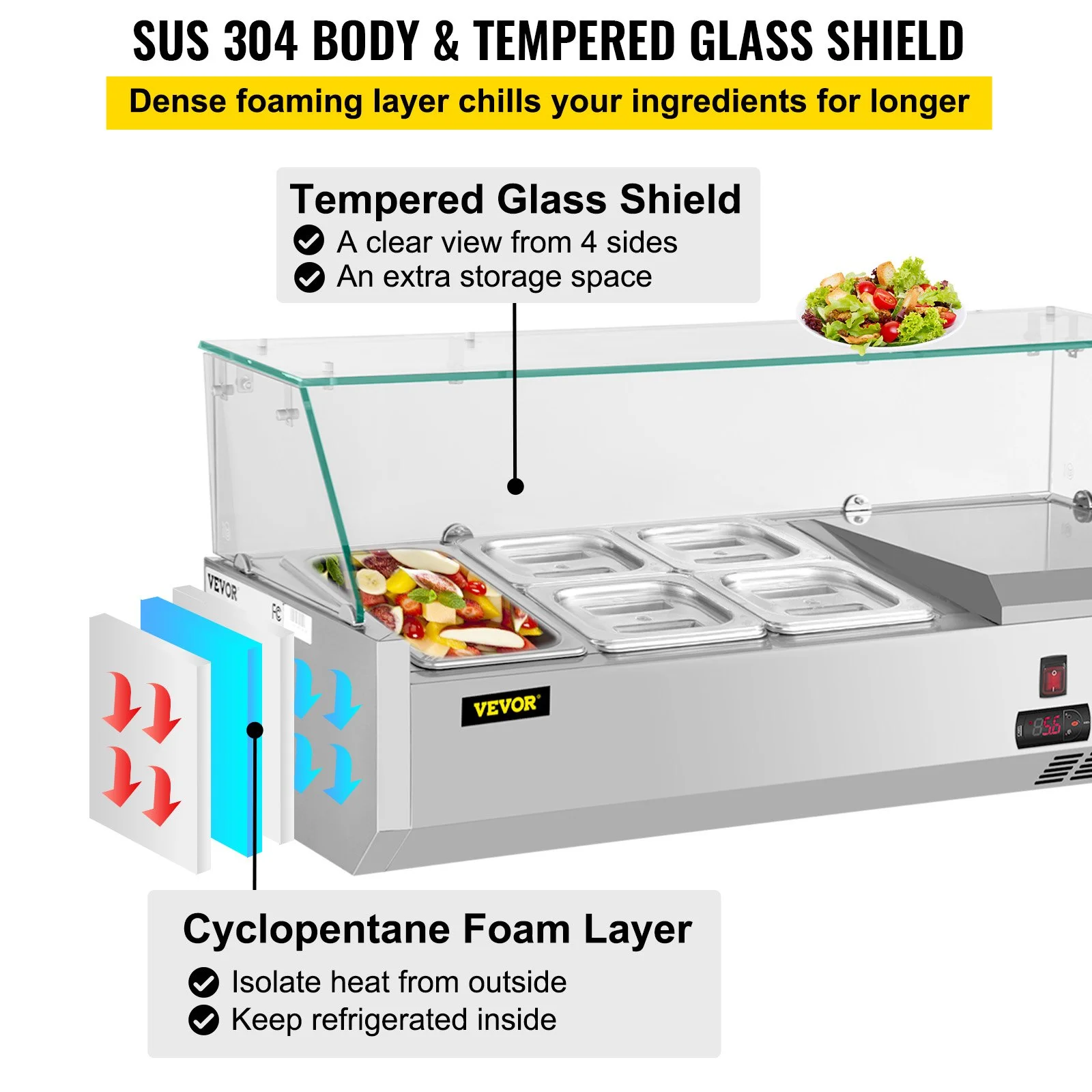Refrigerated Condiment Prep Station, 40-Inch, 7.8Qt Sandwich Prep Table with 1 1/3 Pan & 4 1/6 Pans, 150W Salad Bar with 304 Stainless Body Tempered Glass Shield Digital Temp Display Auto Defros - Image 3
