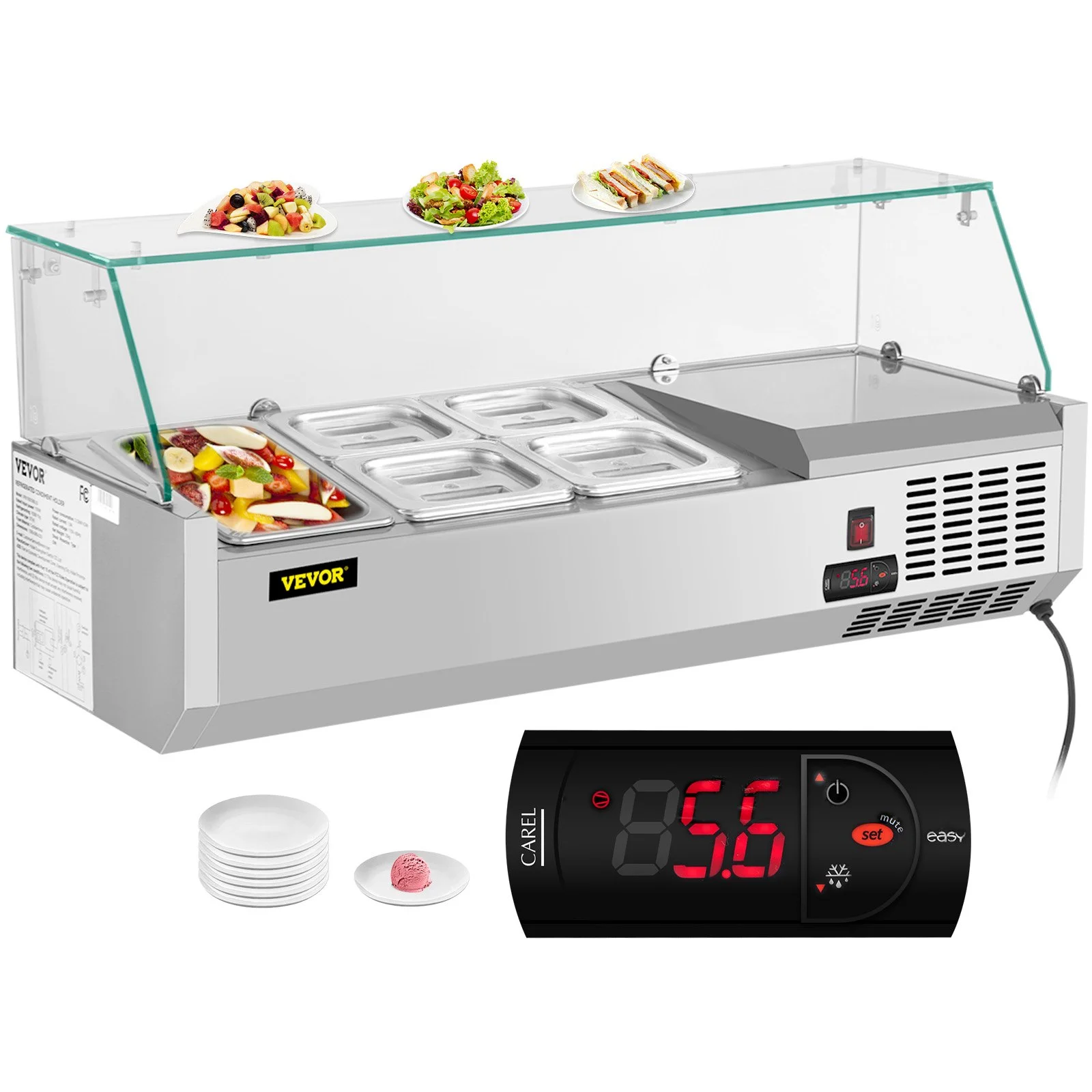 Refrigerated Condiment Prep Station, 40-Inch, 7.8Qt Sandwich Prep Table with 1 1/3 Pan & 4 1/6 Pans, 150W Salad Bar with 304 Stainless Body Tempered Glass Shield Digital Temp Display Auto Defros