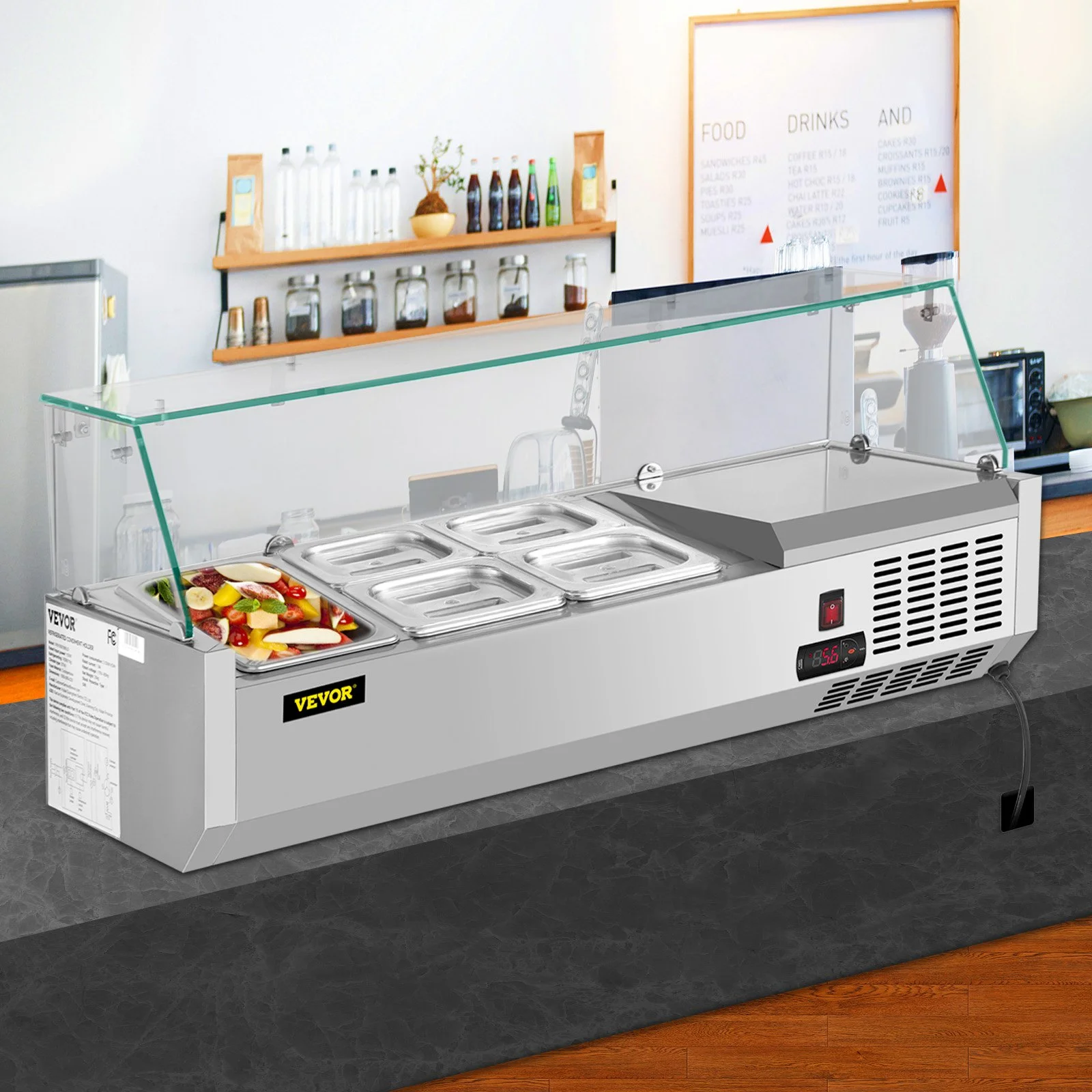 Refrigerated Condiment Prep Station, 40-Inch, 7.8Qt Sandwich Prep Table with 1 1/3 Pan & 4 1/6 Pans, 150W Salad Bar with 304 Stainless Body Tempered Glass Shield Digital Temp Display Auto Defros - Image 6