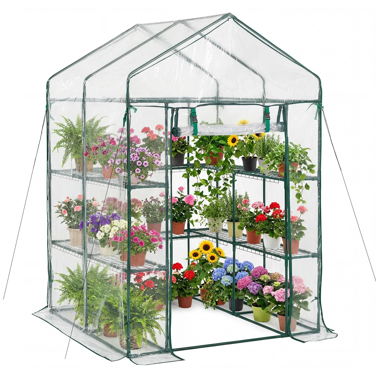 Walk-in Green House, 54 x 54 x 77.2 in, Greenhouse with Shelves, High Strength PE Cover with Zipper Door and Steel Frame, Assembly in Minutes, Suitable for Planting and Storage