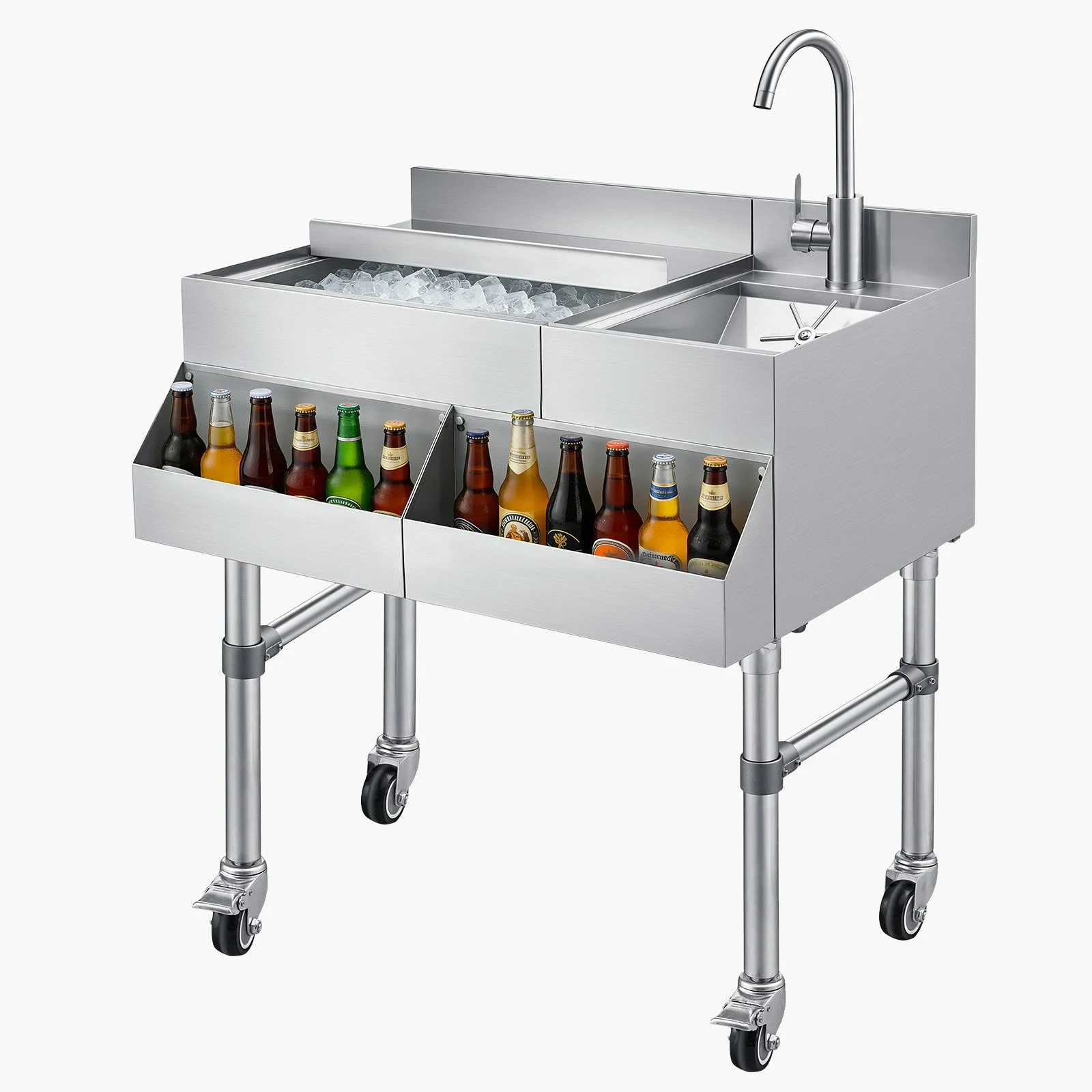 Commercial Ice Bin with Sink & Faucet, 60 Qt Max Capacity, 24 x 19 x 35 Inch Stainless Steel Ice Chest with Sliding Lid and Bottle Holders, Cooler Cart Cocktail Unit for Bar Restaurant Pub