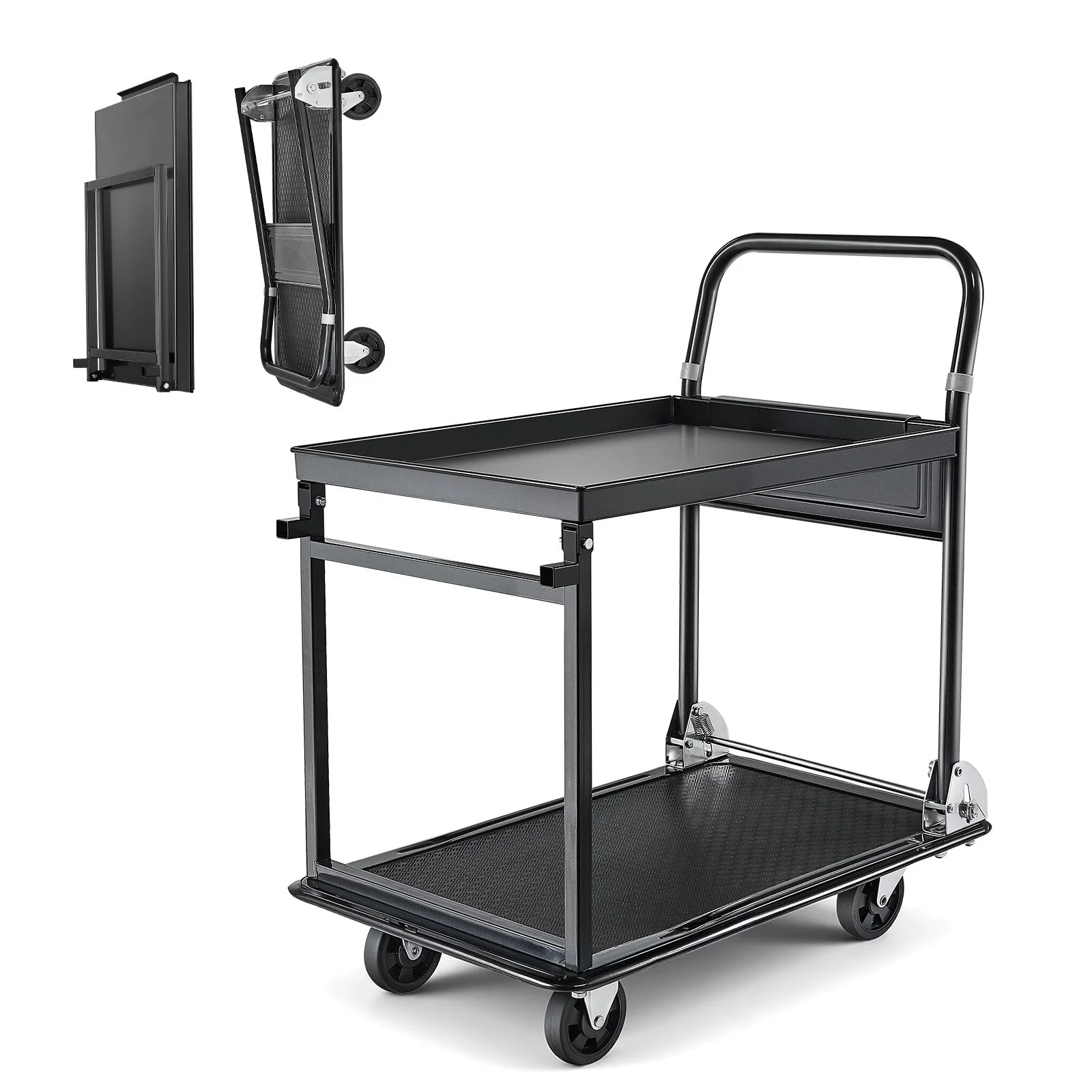 Foldable Push Cart Dolly, 700 lbs, Heavy Duty Platform Hand Truck with Wheels, High-Strength Steel, 2 Tier Moving Flatbed Cart, for Warehouse, Garage, Workshop, Office, 28.7 x 18.5 x 32.3 in