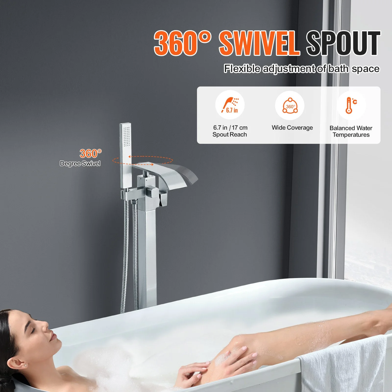 Freestanding Bathtub Faucet, Floor Mount, Freestanding Tub Filler, Shower Mixer Taps, Two Water Modes, 360° Swivel Spout, for Bathing & Showering Pet Bathing Cleaning Drains Toilet Flushing - Image 8