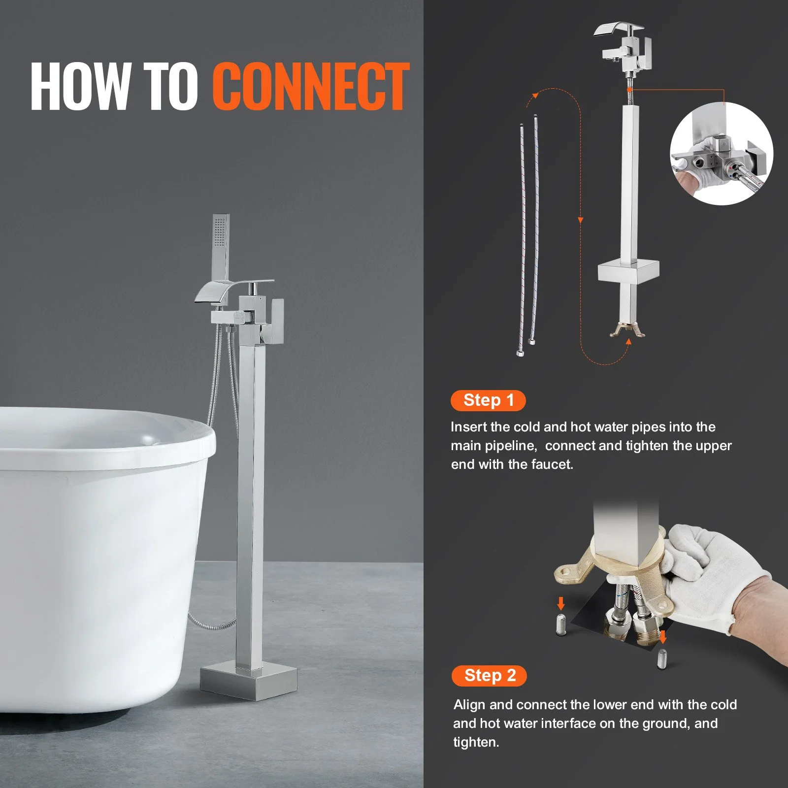 Freestanding Bathtub Faucet, Floor Mount, Freestanding Tub Filler, Shower Mixer Taps, Two Water Modes, 360° Swivel Spout, for Bathing & Showering Pet Bathing Cleaning Drains Toilet Flushing - Image 9