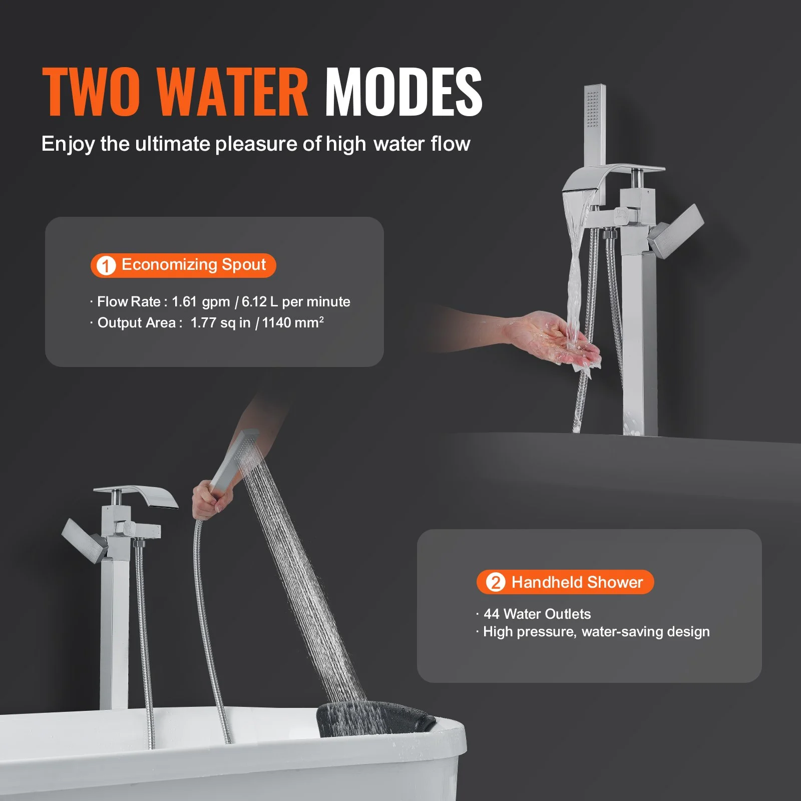 Freestanding Bathtub Faucet, Floor Mount, Freestanding Tub Filler, Shower Mixer Taps, Two Water Modes, 360° Swivel Spout, for Bathing & Showering Pet Bathing Cleaning Drains Toilet Flushing - Image 6