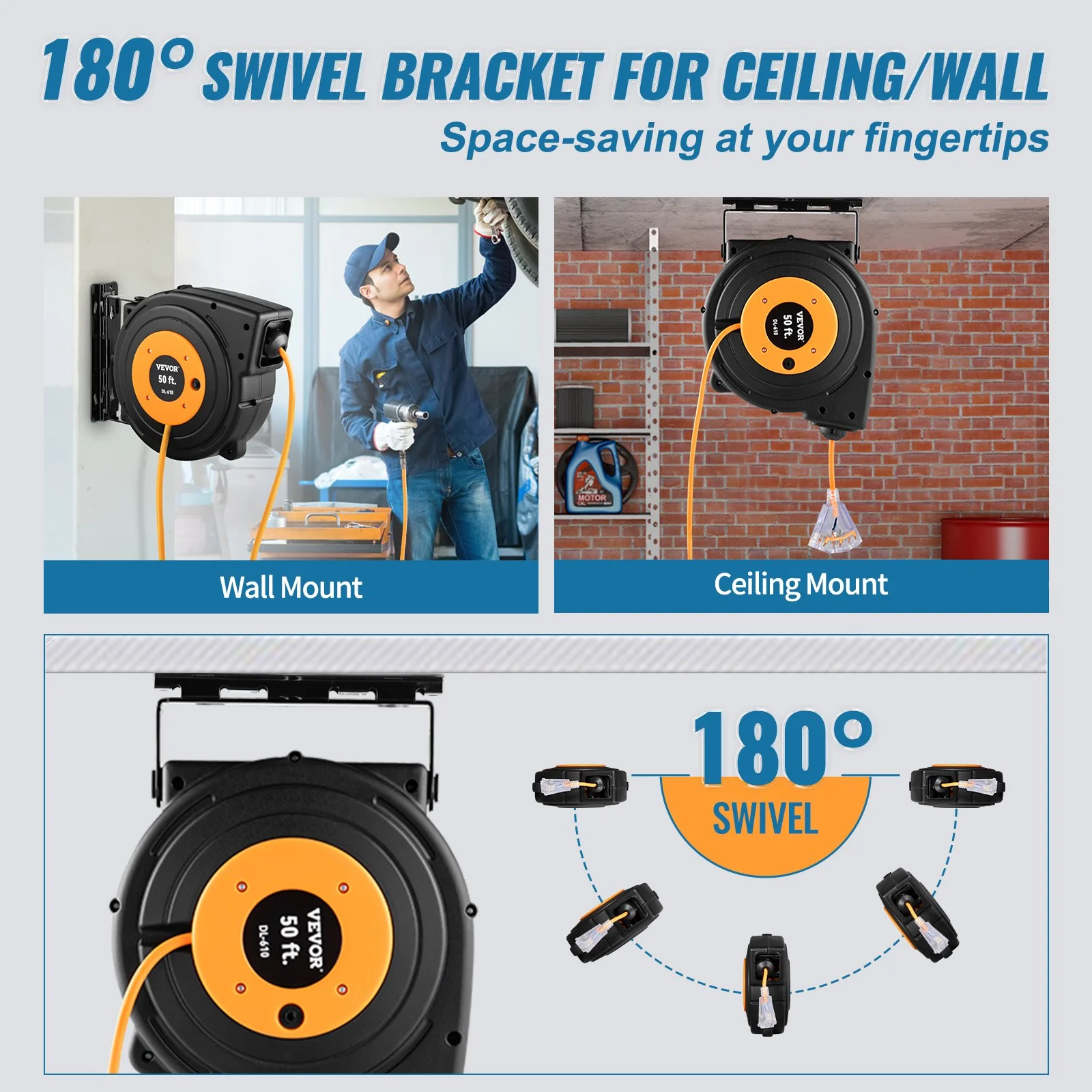 50ft Retractable Extension Cord Reel 14AWG/3CSJTOW Power Cord Reel - Image 8
