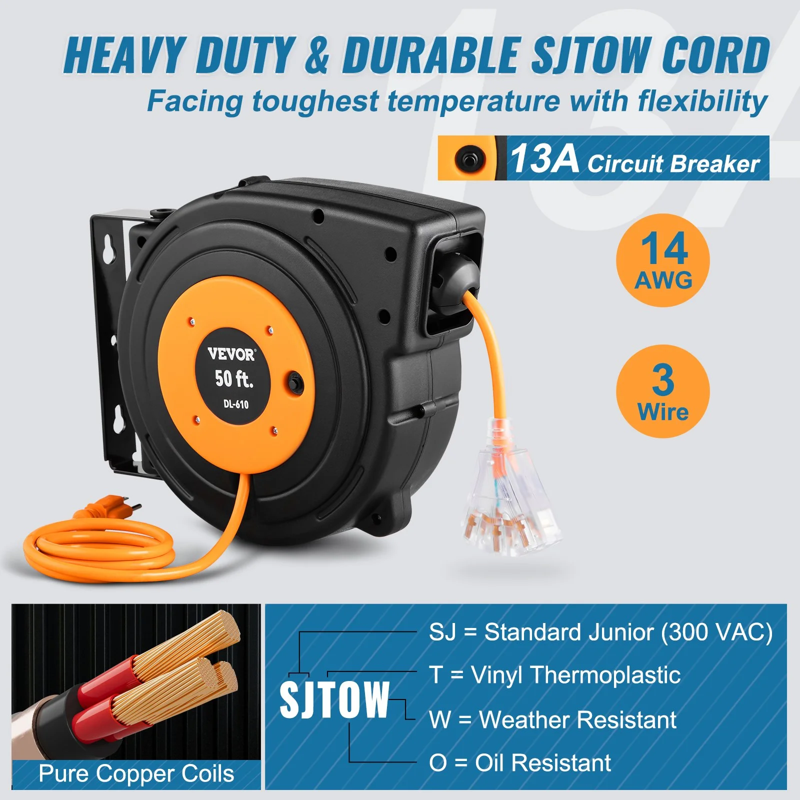 50ft Retractable Extension Cord Reel 14AWG/3CSJTOW Power Cord Reel - Image 5