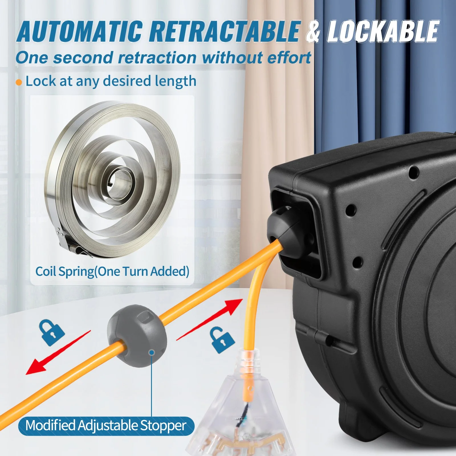 50ft Retractable Extension Cord Reel 14AWG/3CSJTOW Power Cord Reel - Image 6