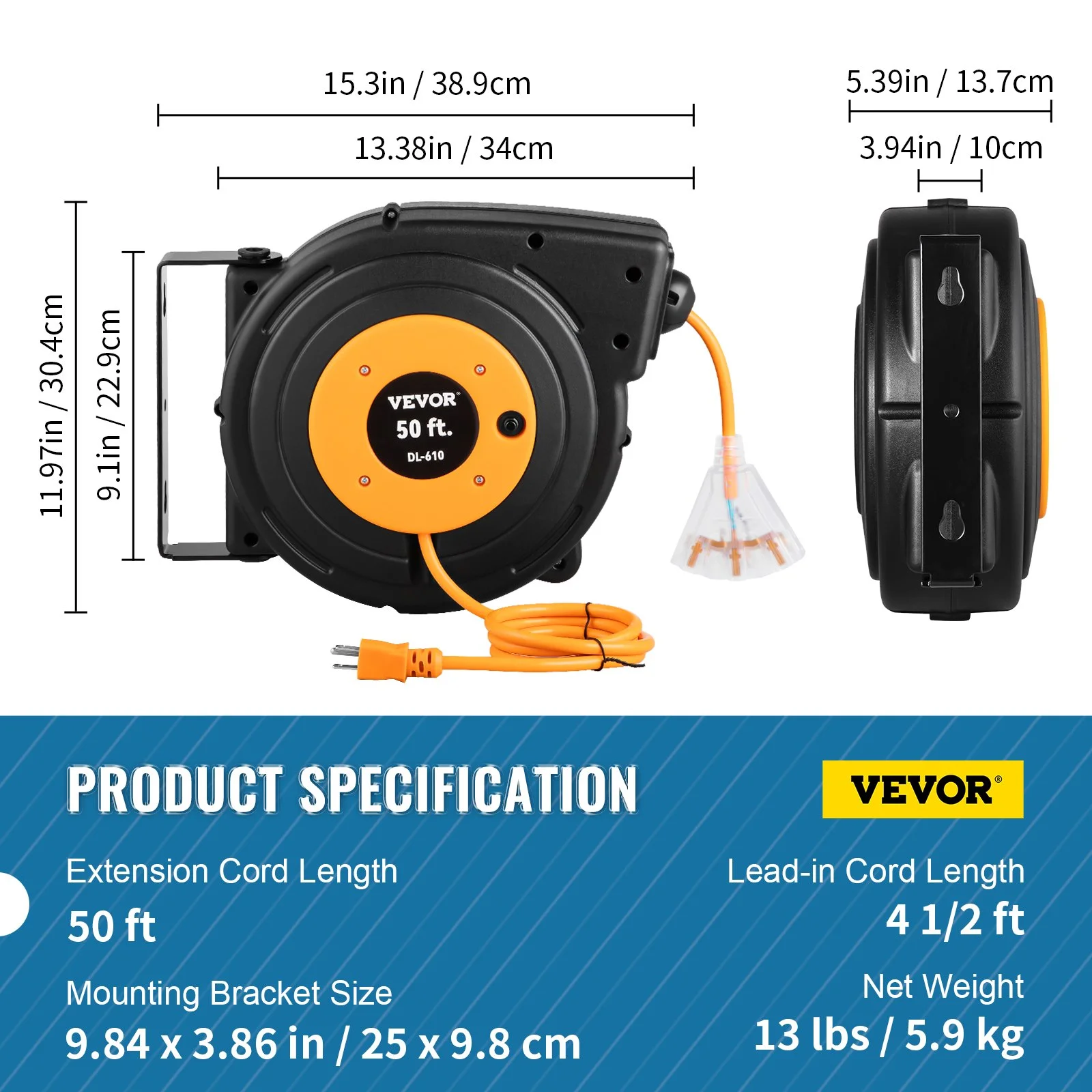 50ft Retractable Extension Cord Reel 14AWG/3CSJTOW Power Cord Reel - Image 9