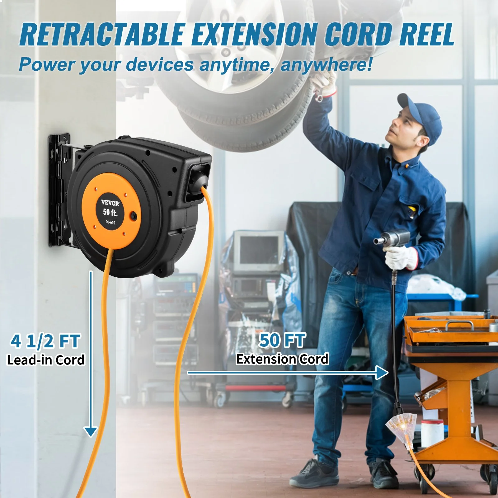 50ft Retractable Extension Cord Reel 14AWG/3CSJTOW Power Cord Reel - Image 4