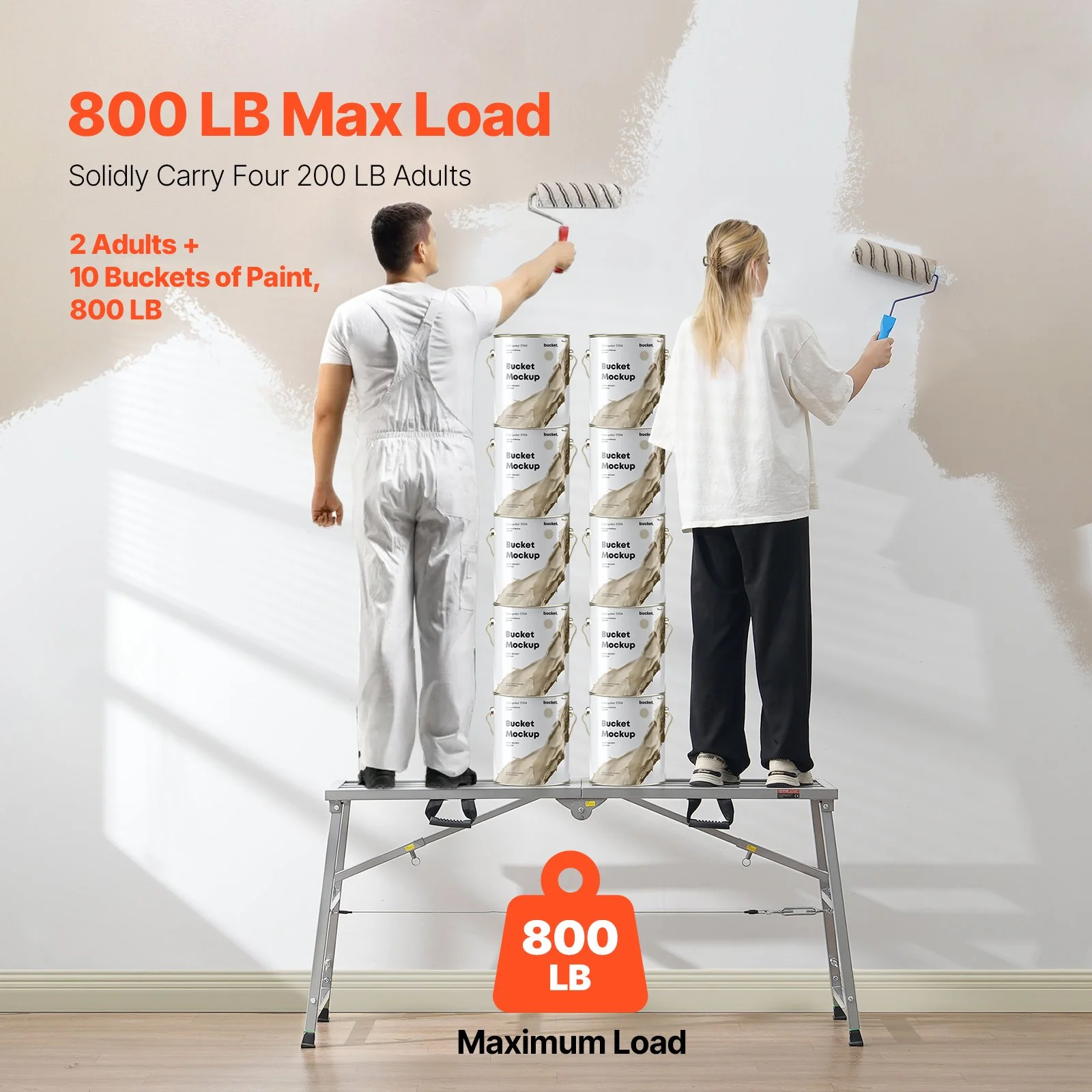 Work Platform, 4 Gear Adjustable Height, Folding Alloy Steel Step Ladder, Portable Scaffolding Platform, 800 lb Load Capacity, Non-Slip Rubber Feet, Drywall Painting Stool, Cleaning & Washing - Image 9