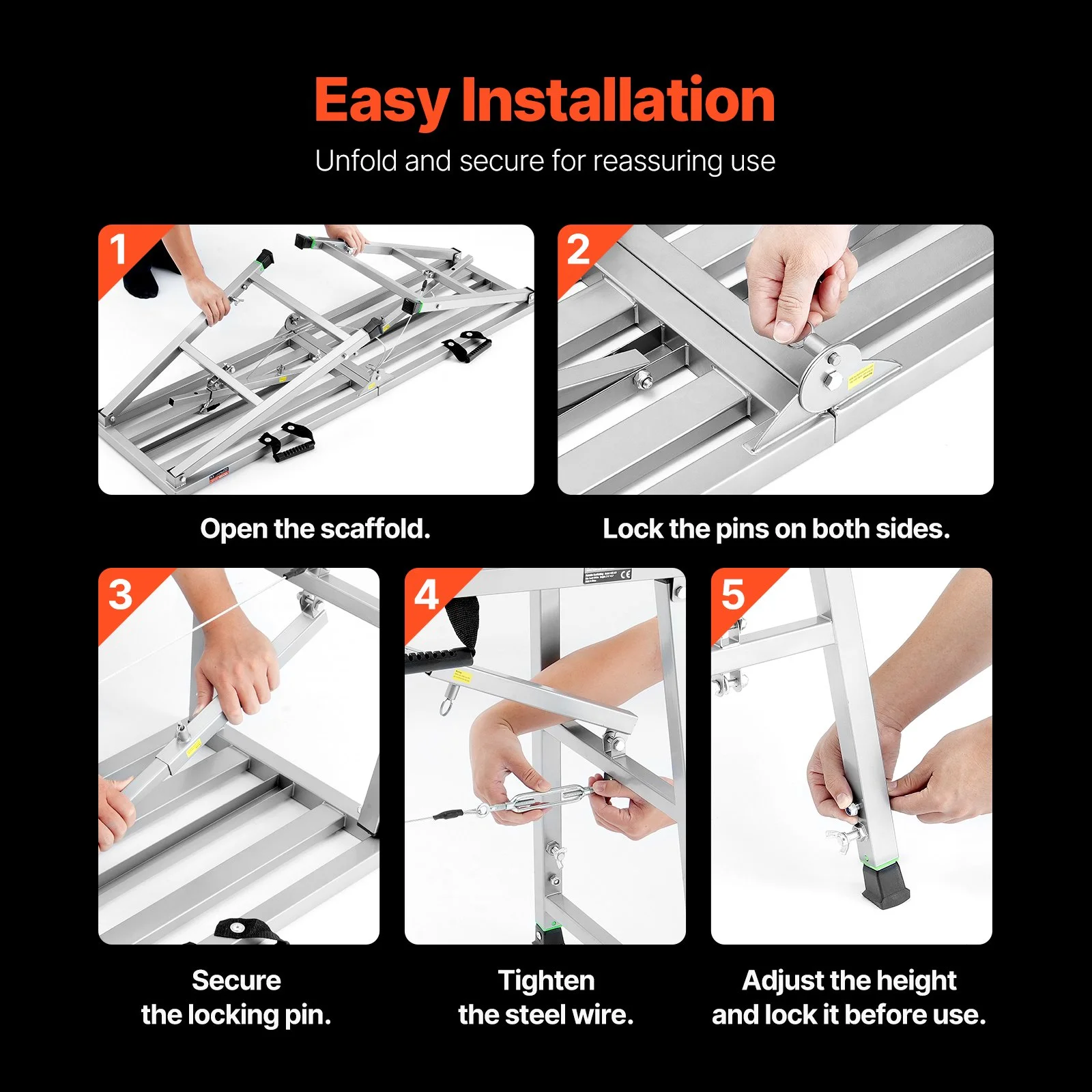 Work Platform, 4 Gear Adjustable Height, Folding Alloy Steel Step Ladder, Portable Scaffolding Platform, 800 lb Load Capacity, Non-Slip Rubber Feet, Drywall Painting Stool, Cleaning & Washing - Image 12