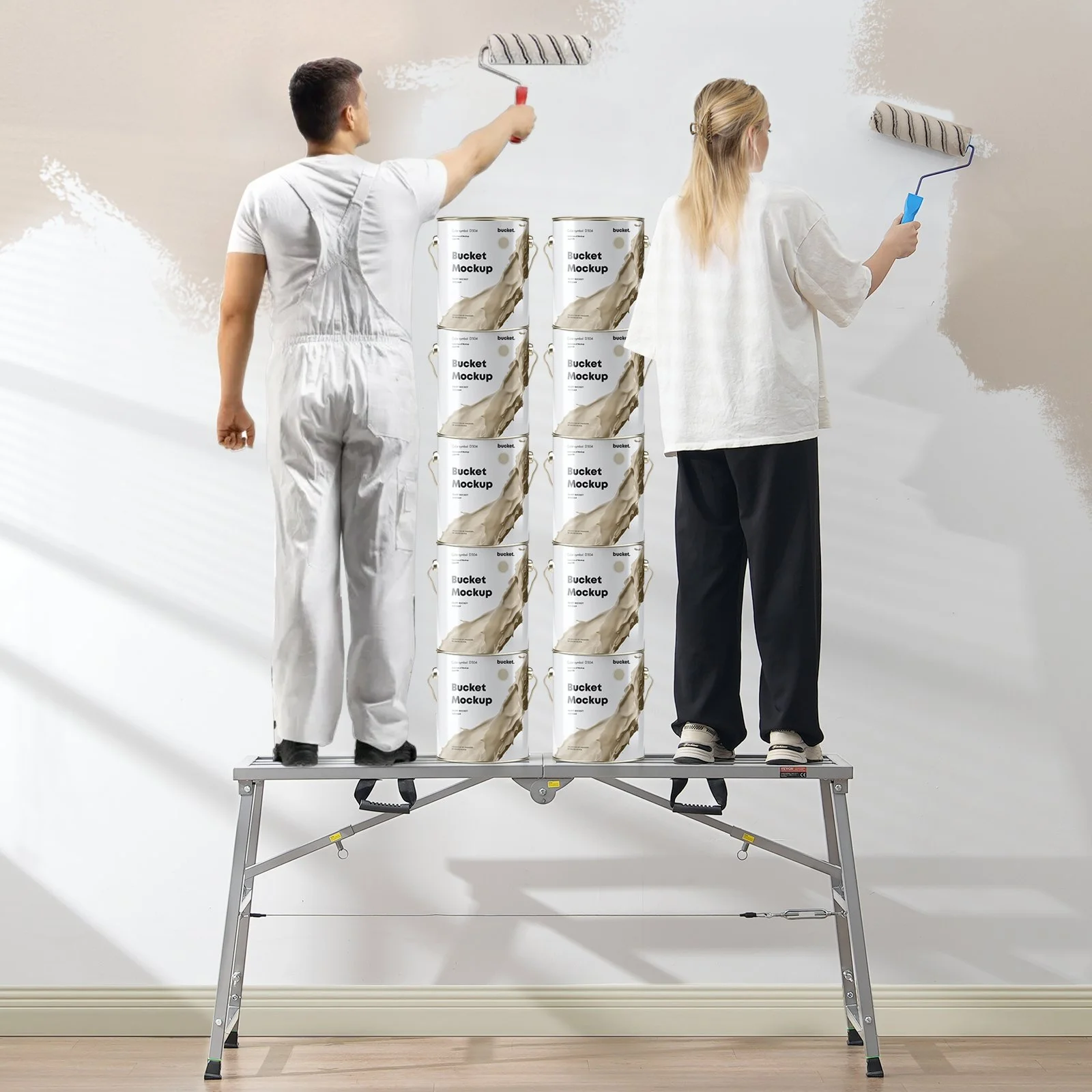 Work Platform, 4 Gear Adjustable Height, Folding Alloy Steel Step Ladder, Portable Scaffolding Platform, 800 lb Load Capacity, Non-Slip Rubber Feet, Drywall Painting Stool, Cleaning & Washing - Image 3