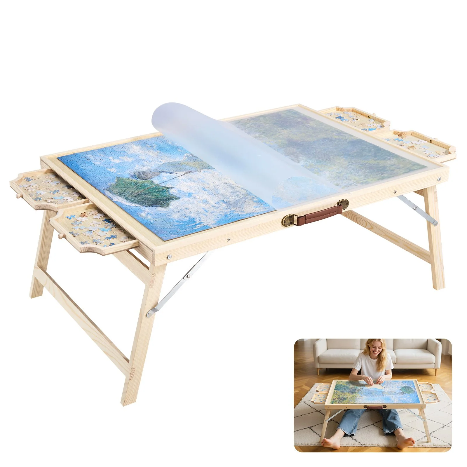 1500 Piece Puzzle Table with Folding Legs, 4 Drawers and Cover, 34x25 in Portable Wooden Board, Jigsaw Puzzle Accessories for Adults, Puzzle Organizer & Storage System, Birthday Gift for Mom