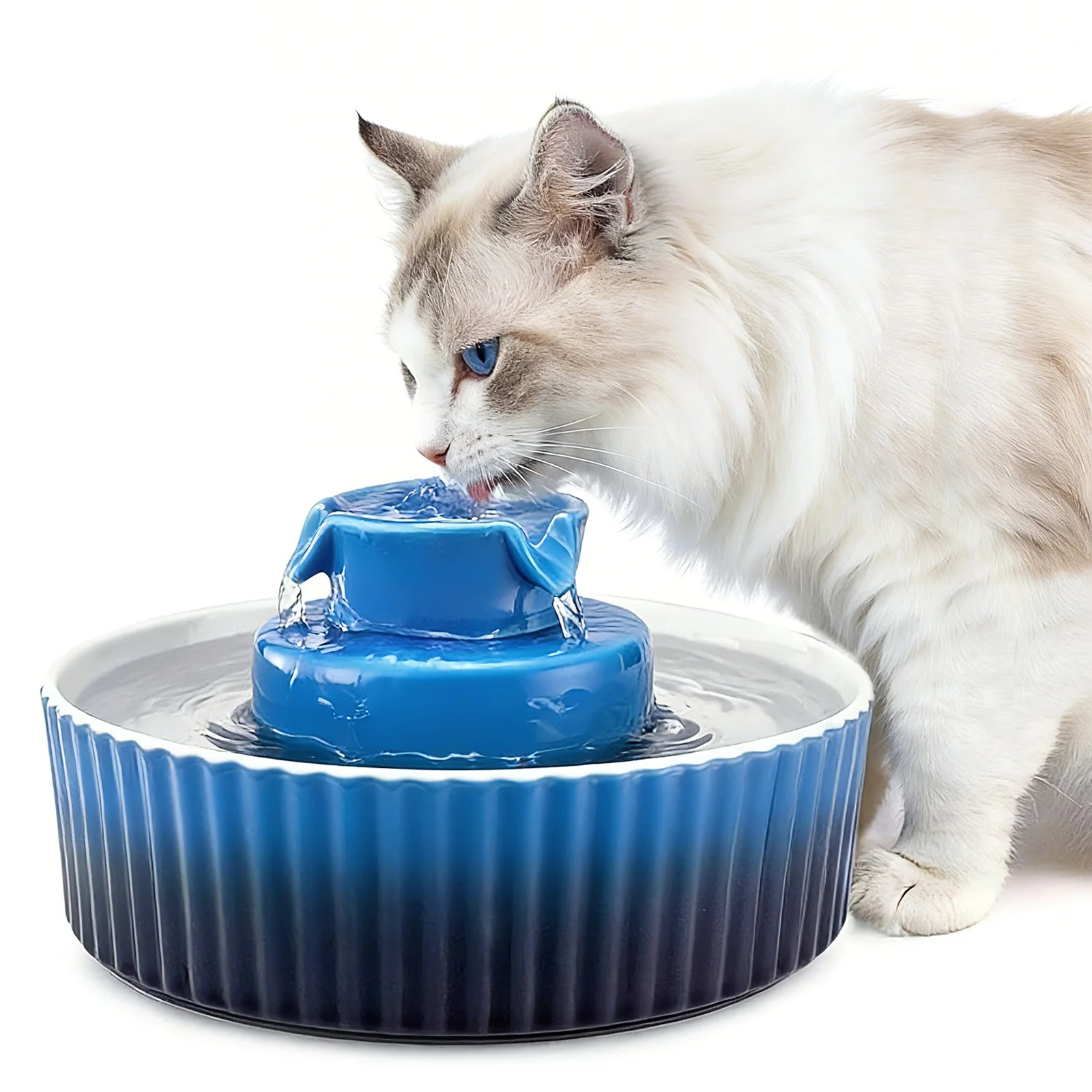 Ceramic Cat Water Fountain, 2.1L/71oz Cupcake Pet Fountain, Porcelain Cat Water Dispenser with Ultra-Quiet Pump, 360° Drinking Area and Multi-Layer Filtration System, for Cats and Dogs (Blue)