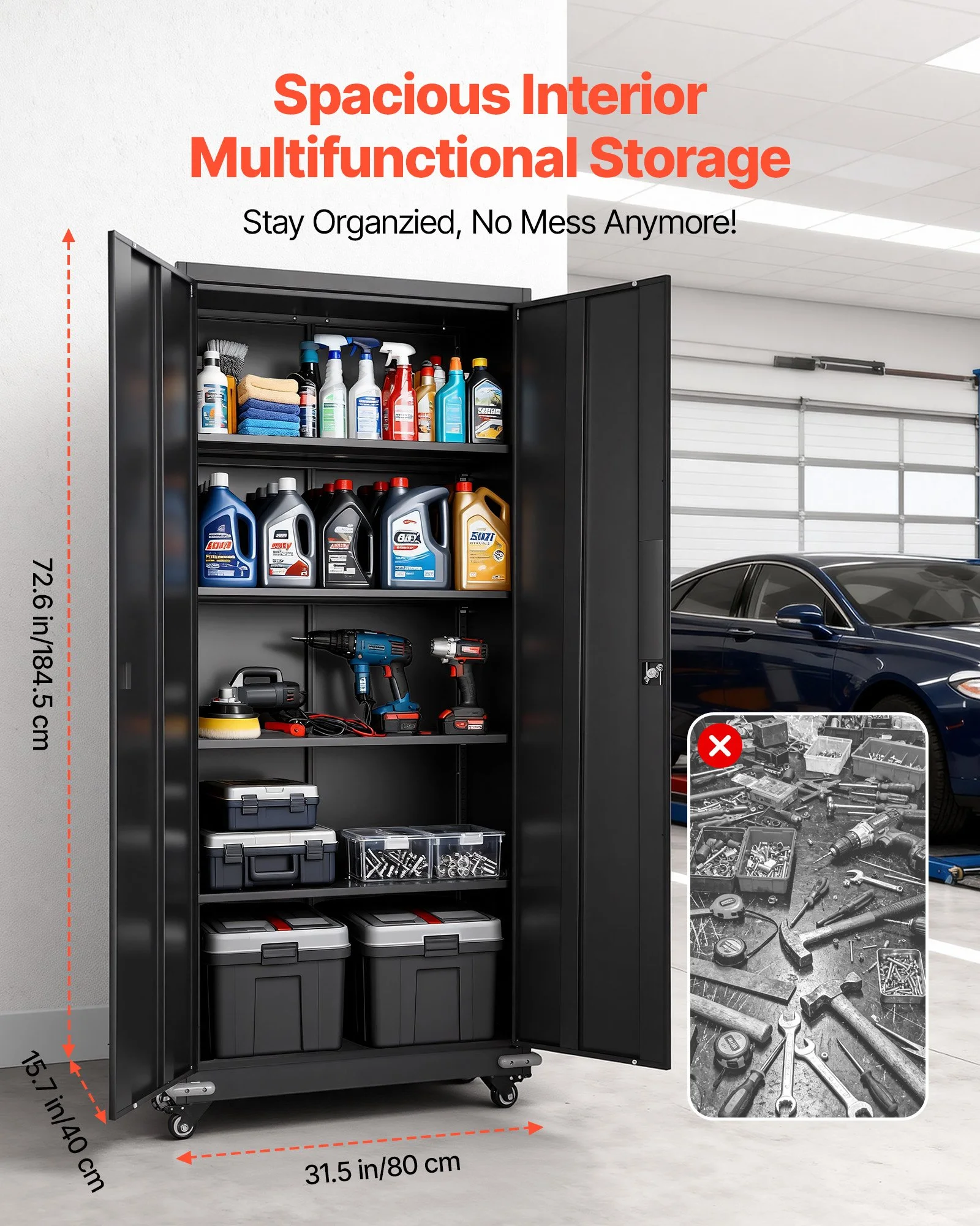 Metal Storage Cabinet, 72.6 in Rolling Steel Garage Cabinet with 4 Adjustable Shelves, 2 Magnetic Doors & 2 Keys, 5 Tiers Lockable Tool Storage for Pantry, Warehouse, Basement, Office, Black - Image 3
