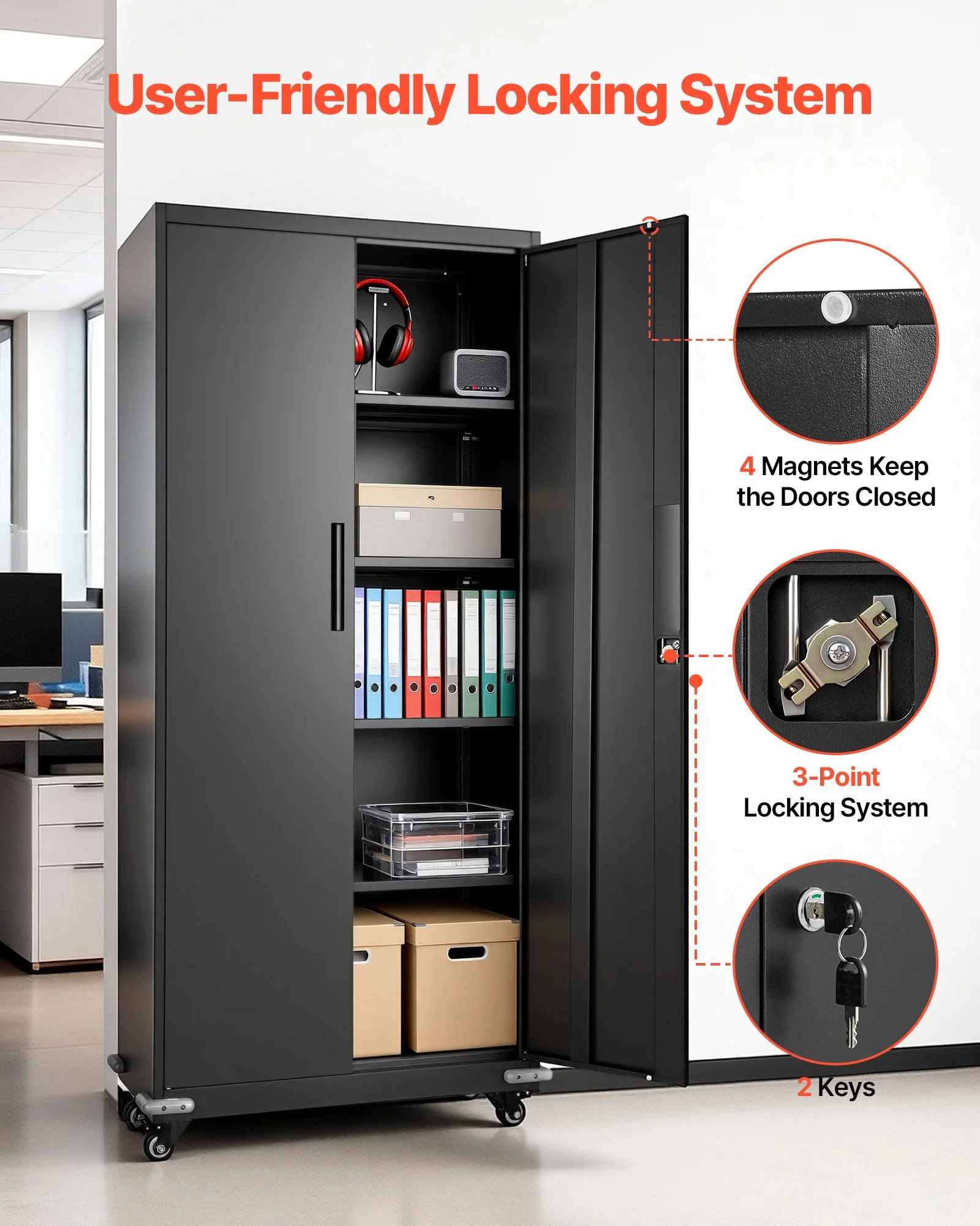 Metal Storage Cabinet, 72.6 in Rolling Steel Garage Cabinet with 4 Adjustable Shelves, 2 Magnetic Doors & 2 Keys, 5 Tiers Lockable Tool Storage for Pantry, Warehouse, Basement, Office, Black - Image 6